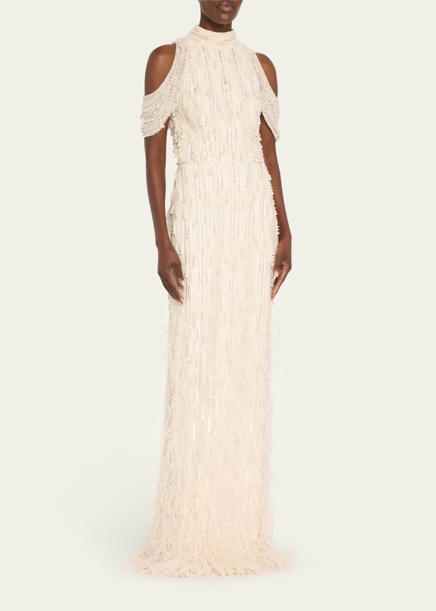Pamella Roland Fringe Beaded Cold-Shoulder Tulle Gown Image 4 of 5