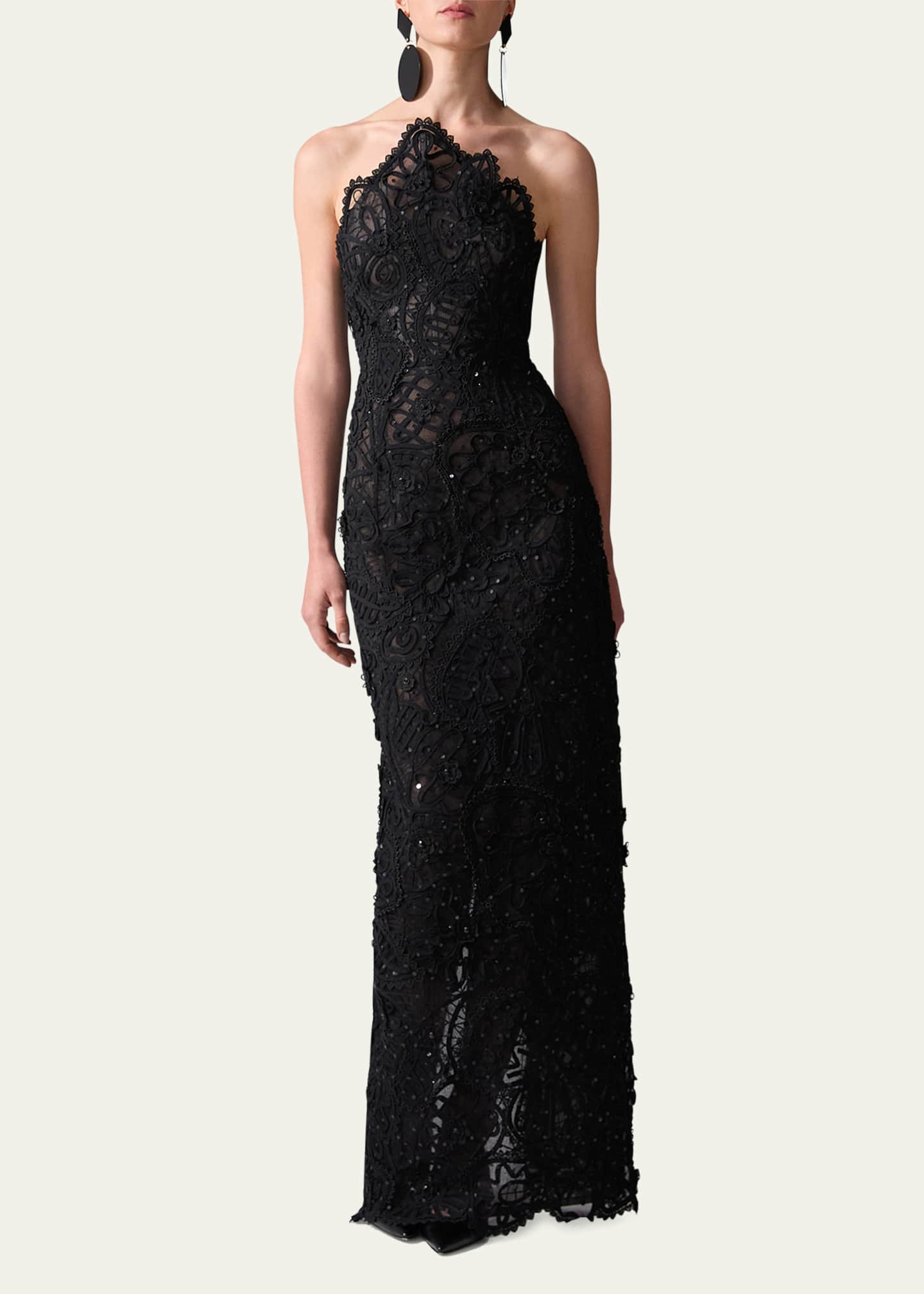Carolina Herrera Lace Sequined Curved Strapless Column Gown Image 2 of 4
