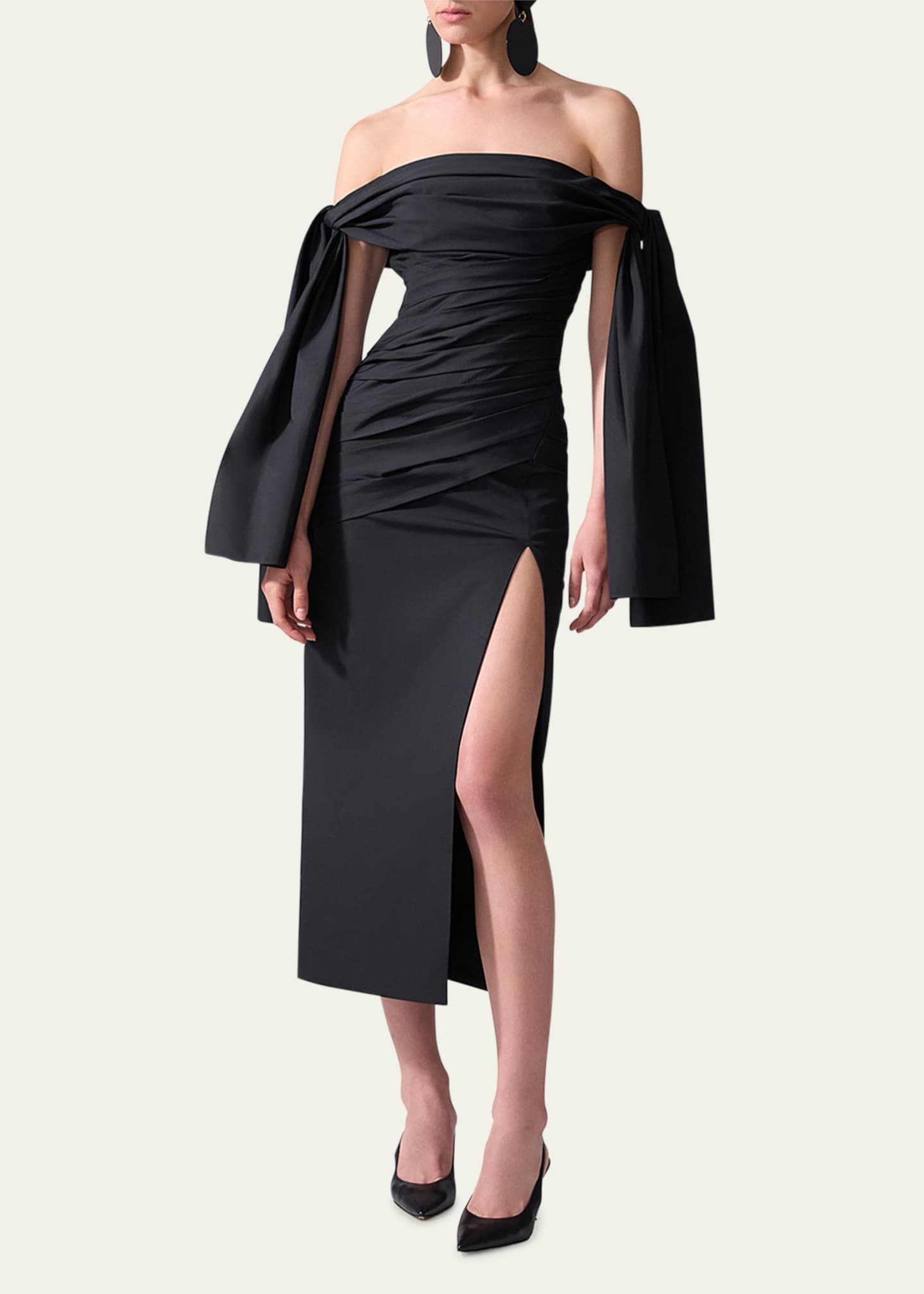 Carolina Herrera Off-Shoulder Tie Draped Midi Dress Image 2 of 4