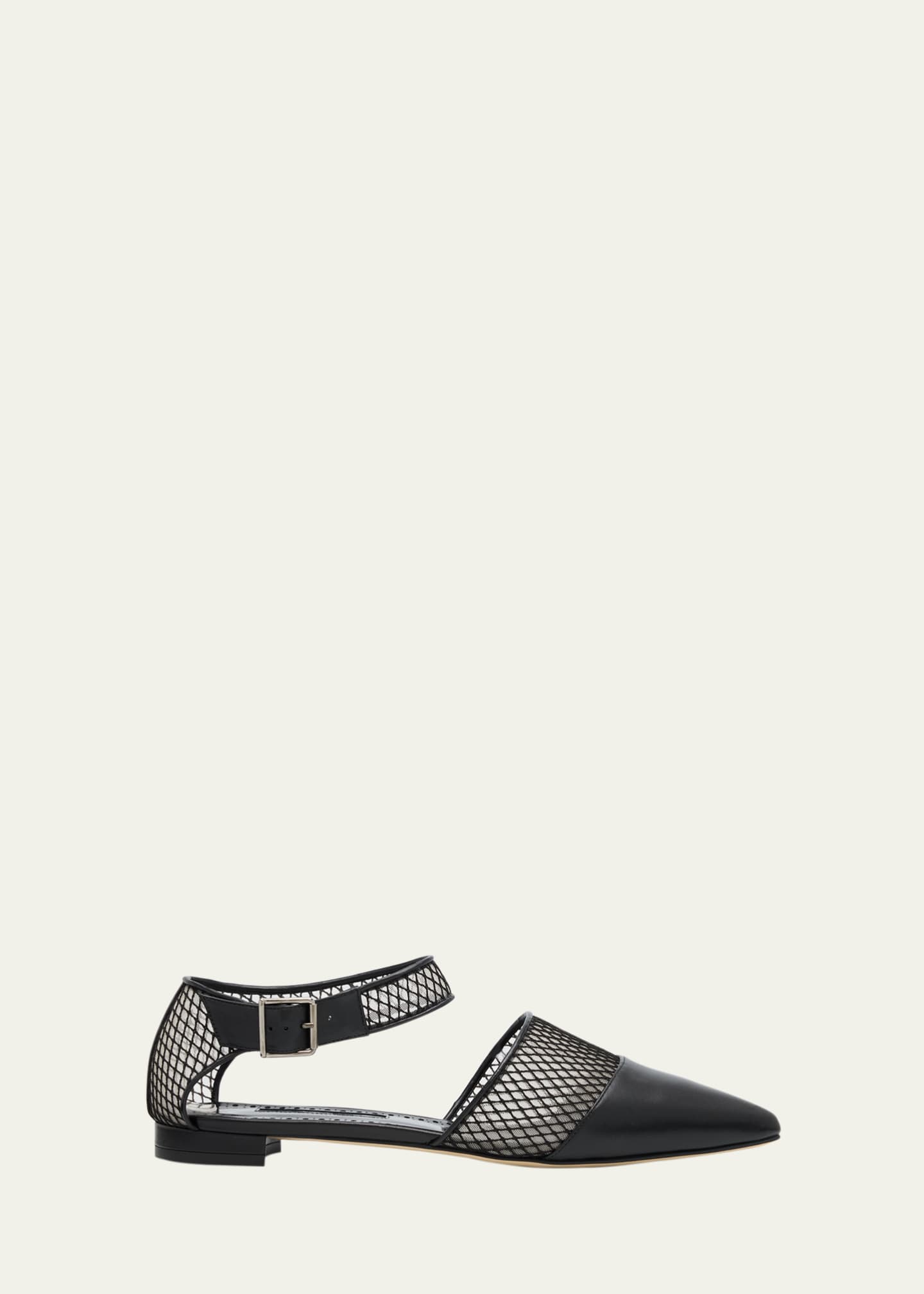 Manolo Blahnik Jatelah Leather Net Ankle-Strap Flats Image 1 of 6