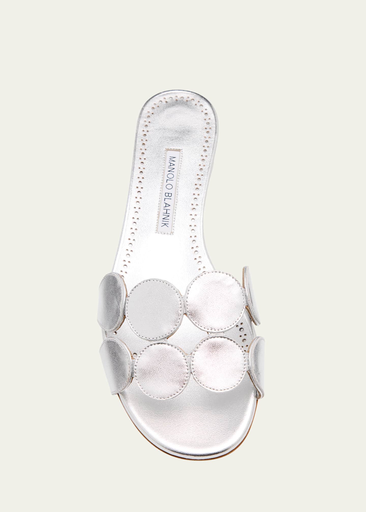 Manolo Blahnik Circle-Cut Metallic Flat Slide Sandals