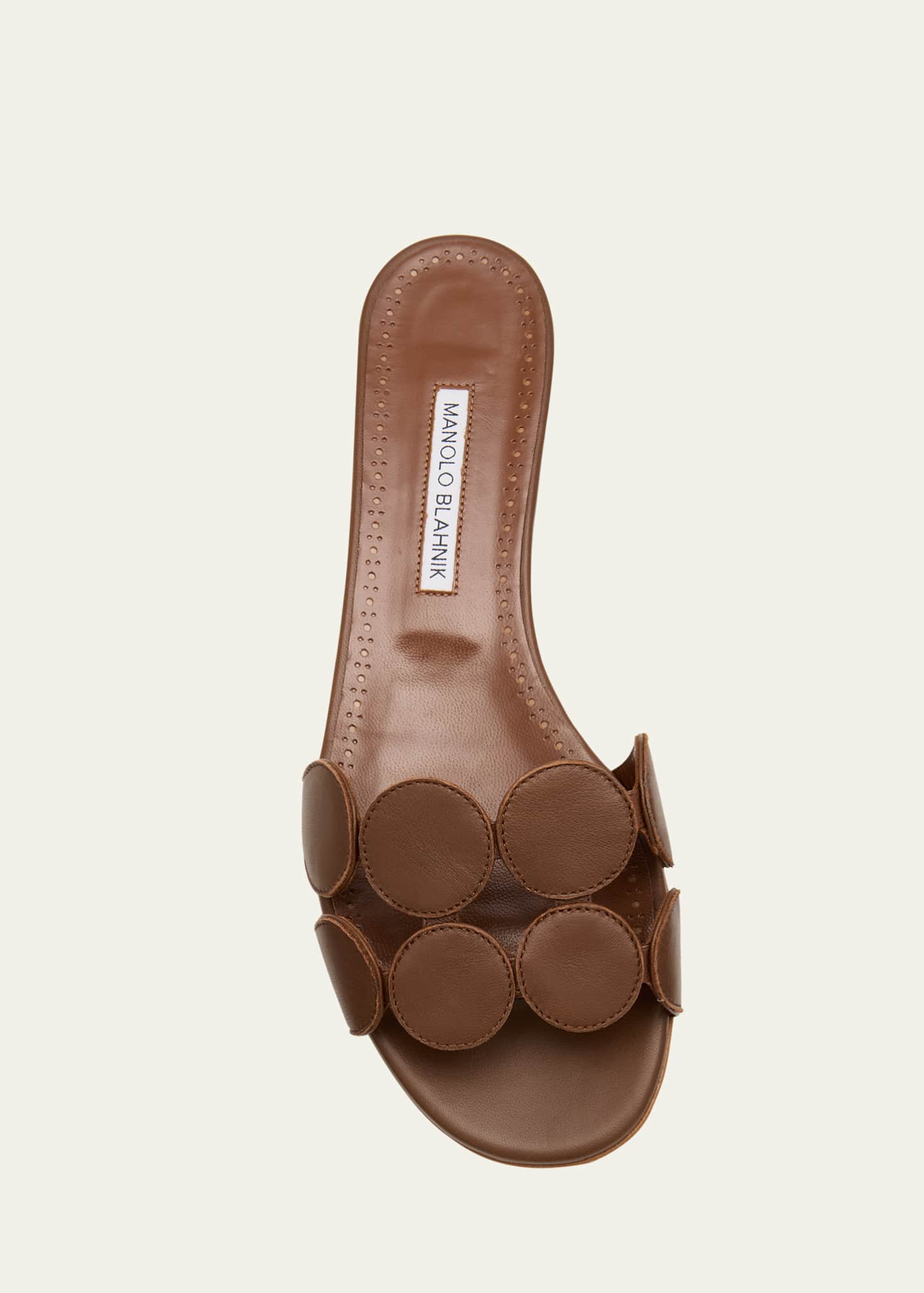 Manolo Blahnik Circle-Cut Leather Flat Slide Sandals Image 6 of 6
