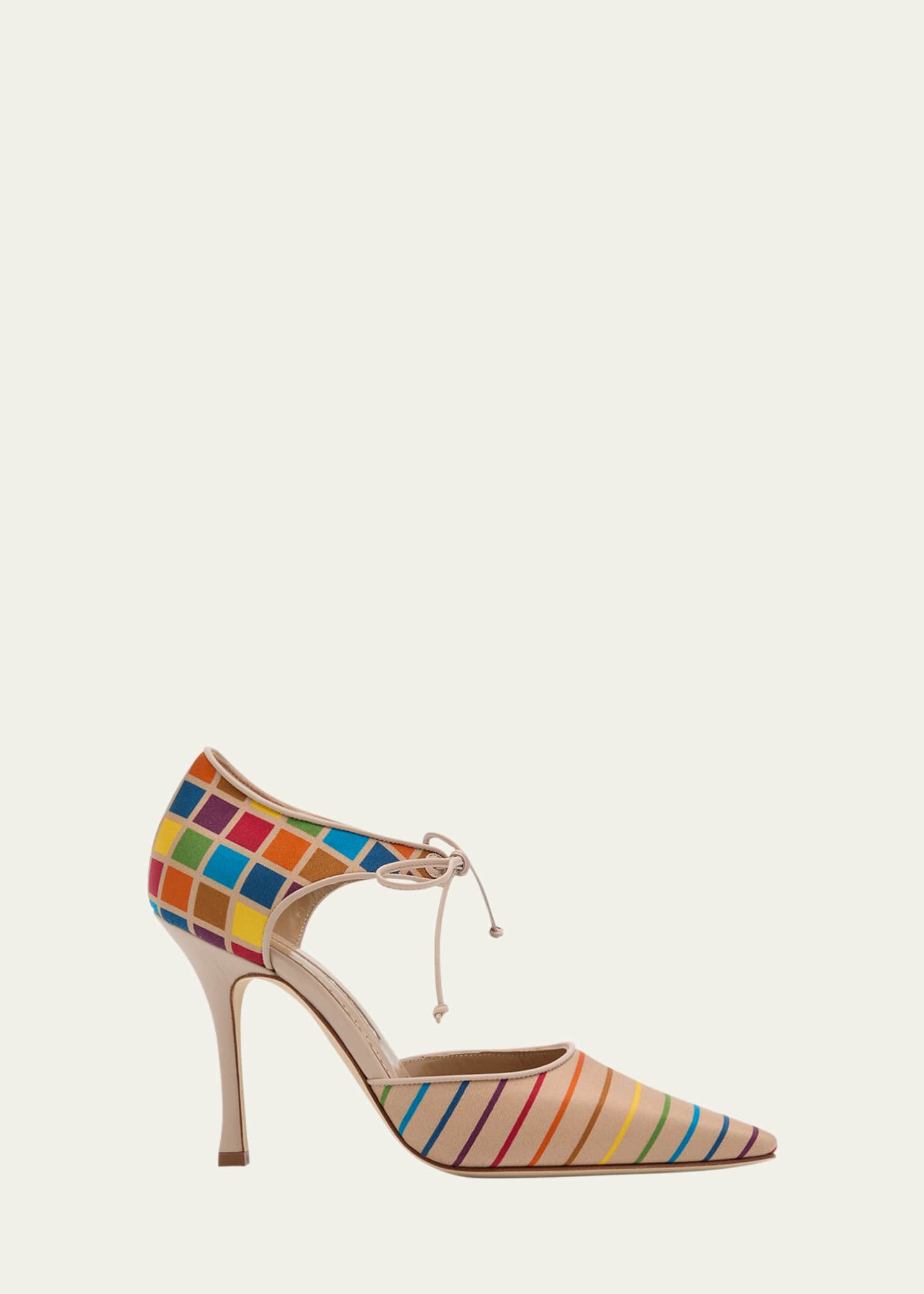 Manolo Blahnik Estho Multicolor Silk Ankle-Tie Pumps Image 1 of 4