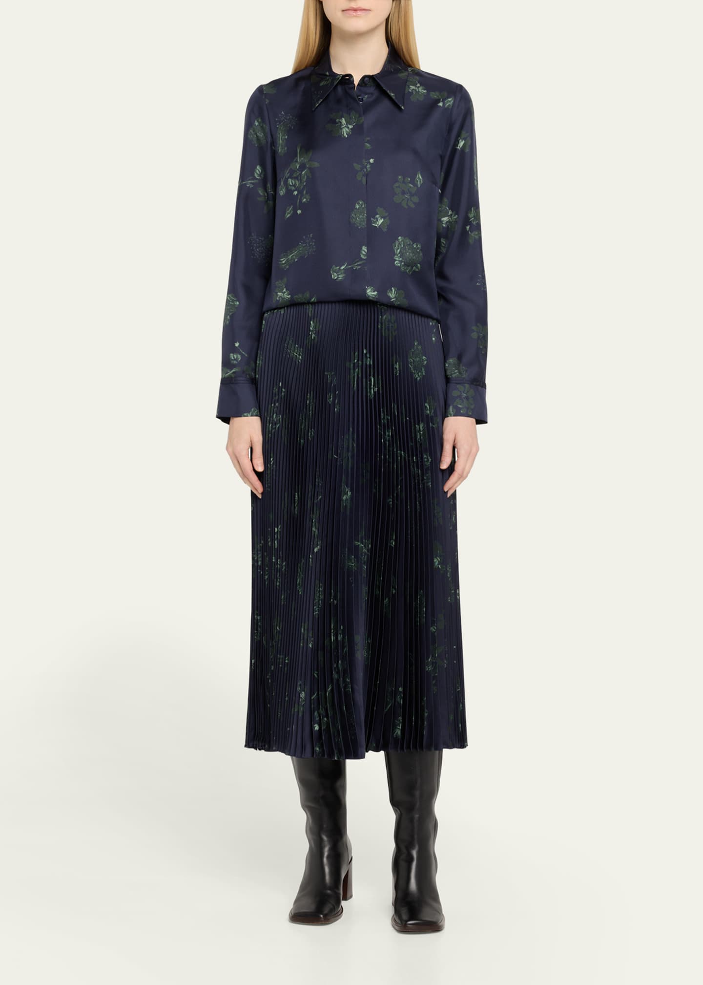 Gabriela Hearst Eames Floral Sunburst Pleated Satin Skirt Image 2 of 5