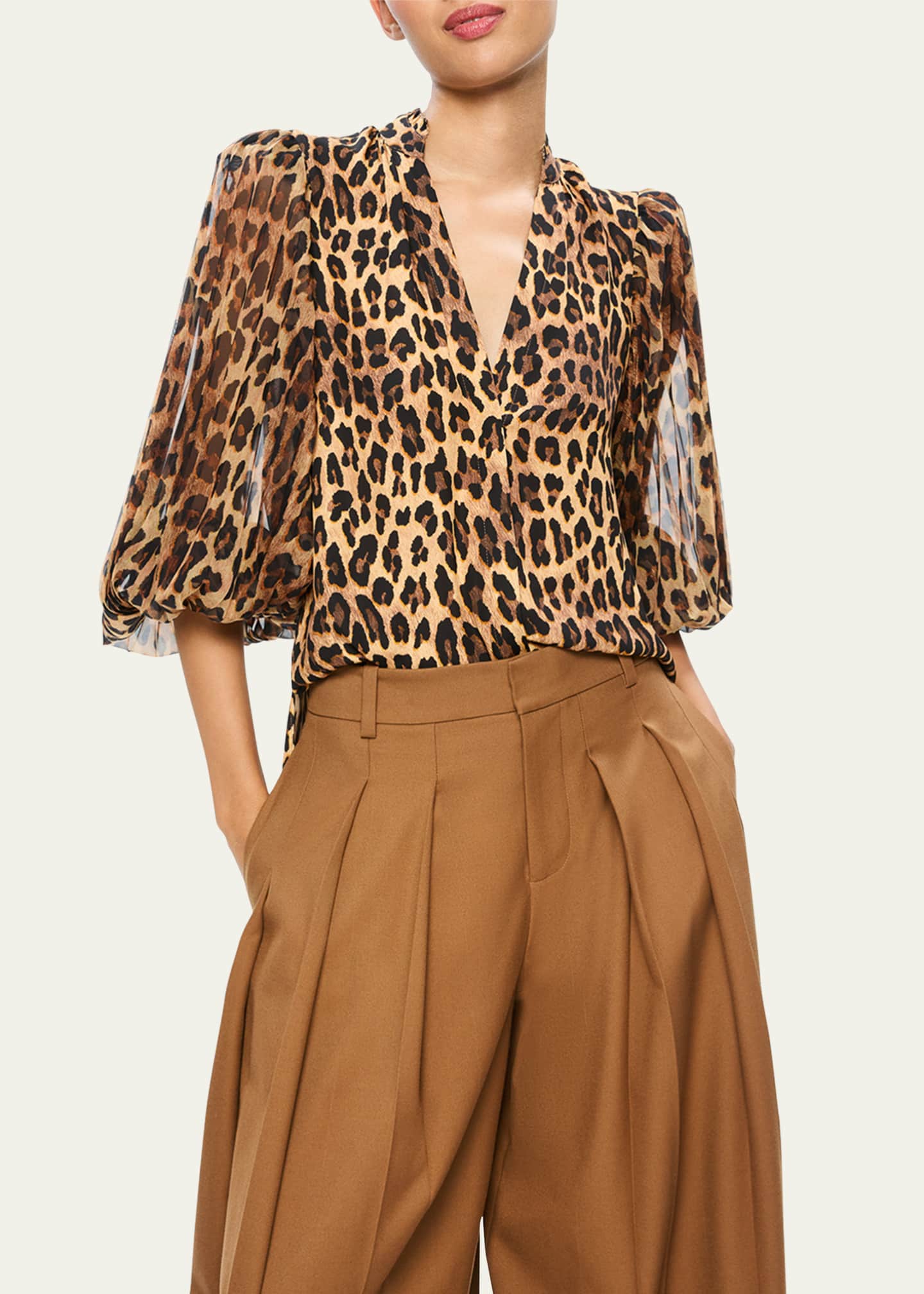 Alice Olivia Ilan Leopard Pleated Blouson Sleeve Blouse Bergdorf Goodman