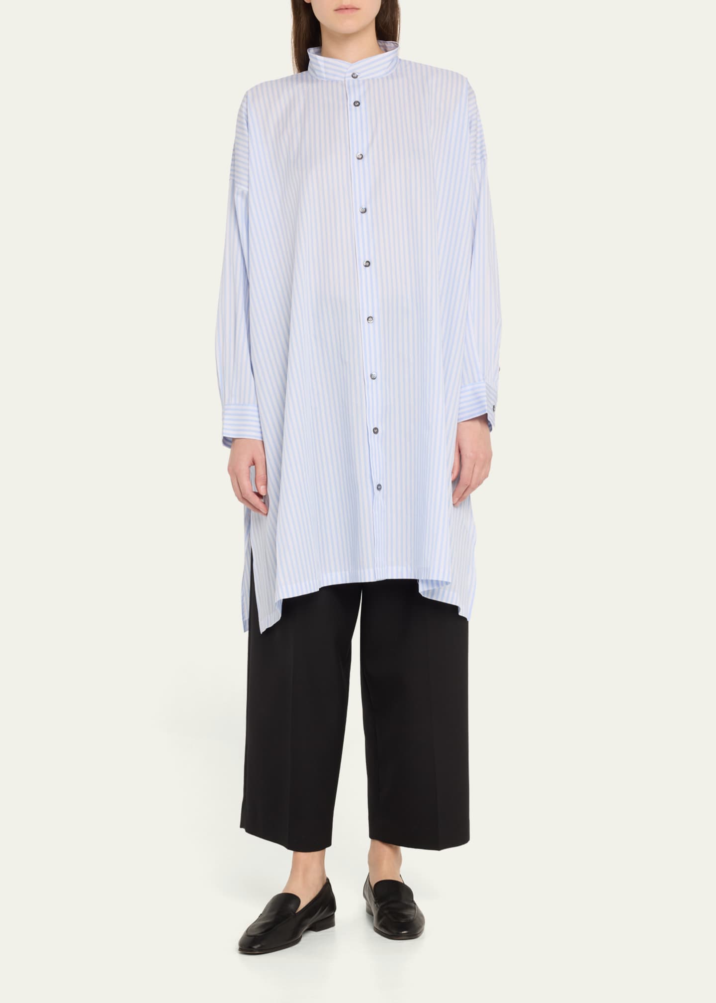Eskandar Wide A-Line Collarless Shirt With Slits (Very Long Length) Image 2 of 5