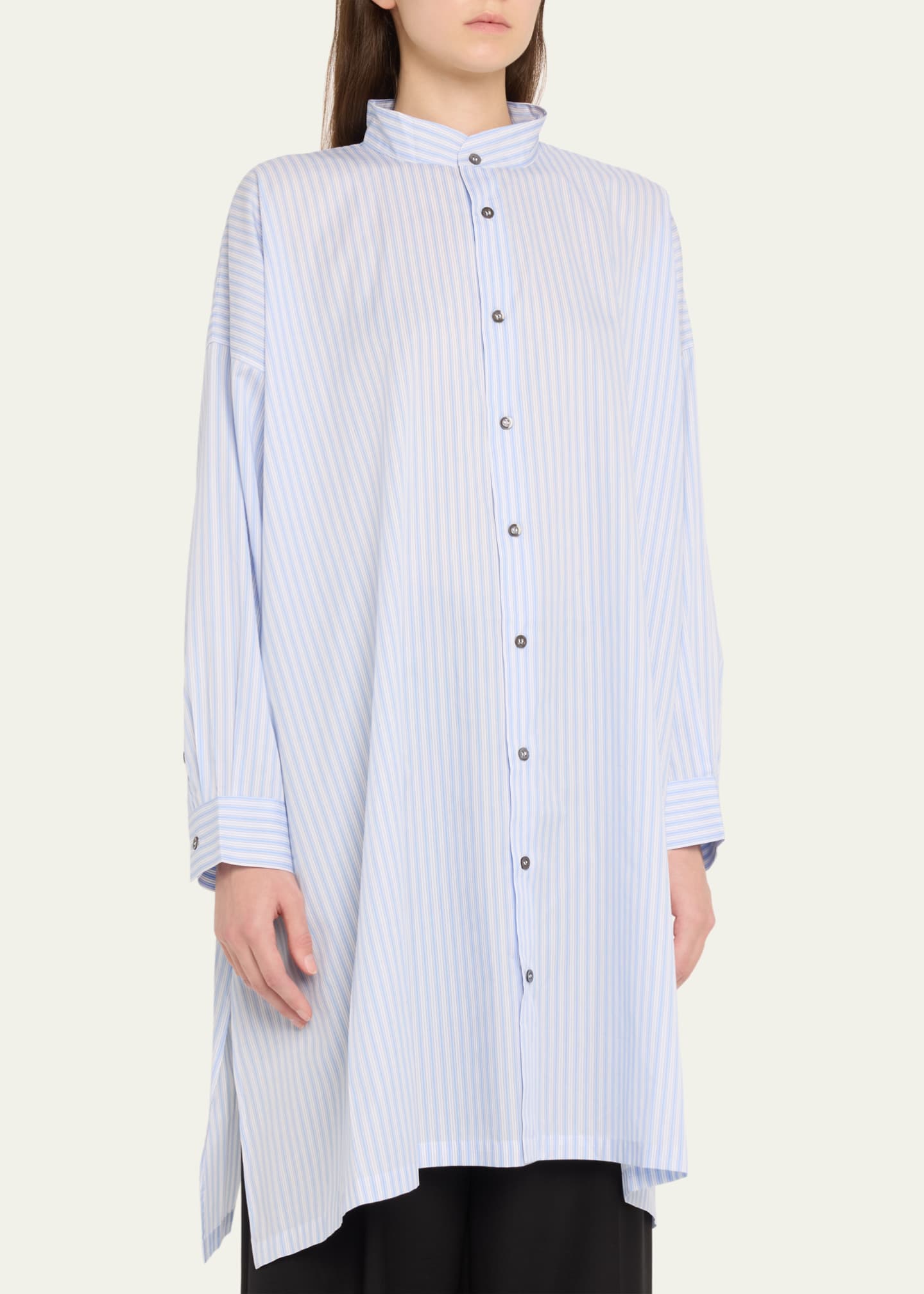 Eskandar Wide A-Line Collarless Shirt With Slits (Very Long Length) Image 4 of 5