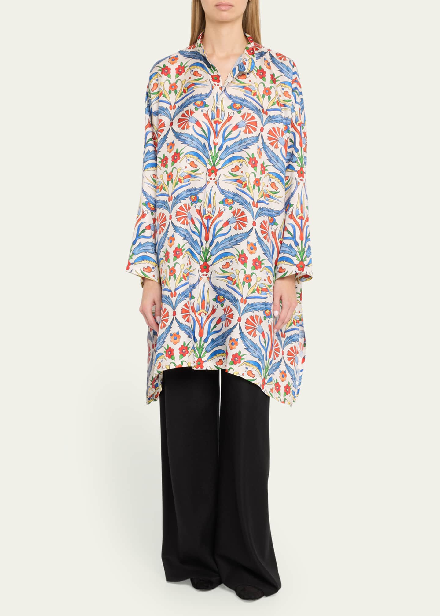 Eskandar Wide A-Line Collarless Shirt With Slits (Very Long Length) Image 2 of 5