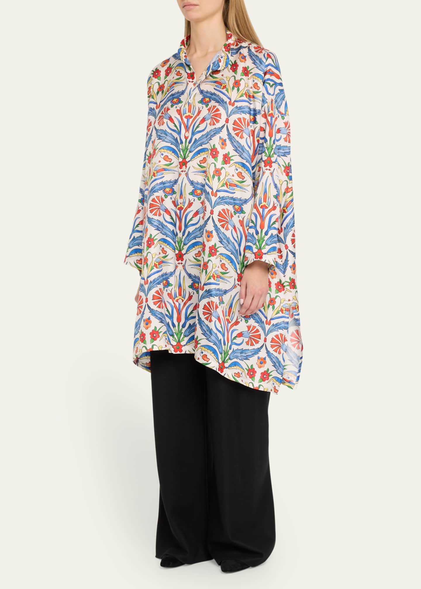 Eskandar Wide A-Line Collarless Shirt With Slits (Very Long Length) Image 4 of 5