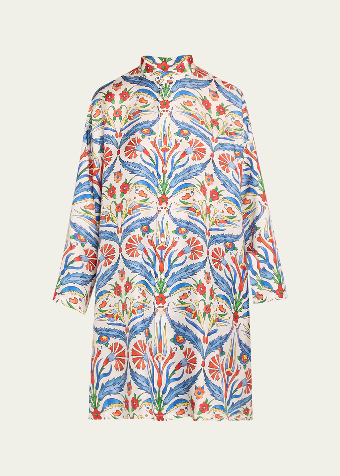 Eskandar Wide A-Line Collarless Shirt With Slits (Very Long Length) Image 1 of 5