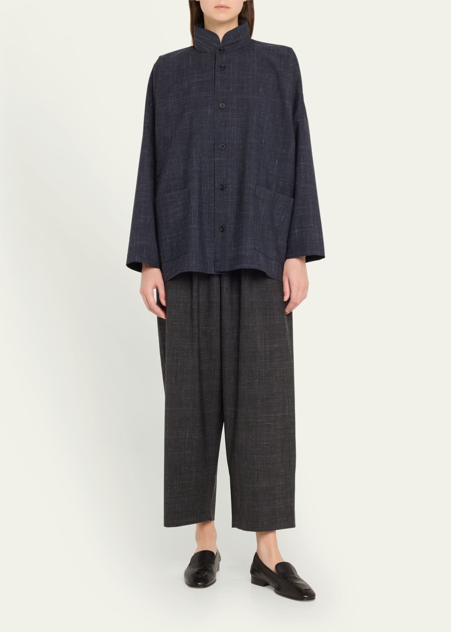 Eskandar Wide Longer-Back Double Stand Collar Shirt Jacket (Mid Plus Length) Image 2 of 5