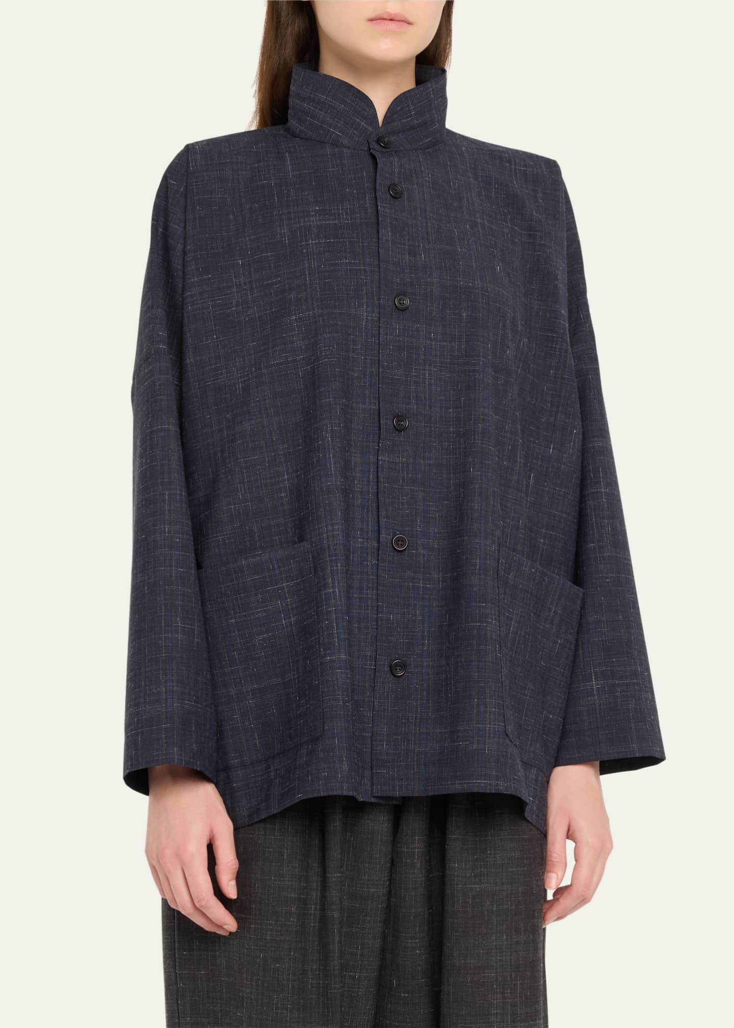 Eskandar Wide Longer-Back Double Stand Collar Shirt Jacket (Mid Plus Length) Image 4 of 5