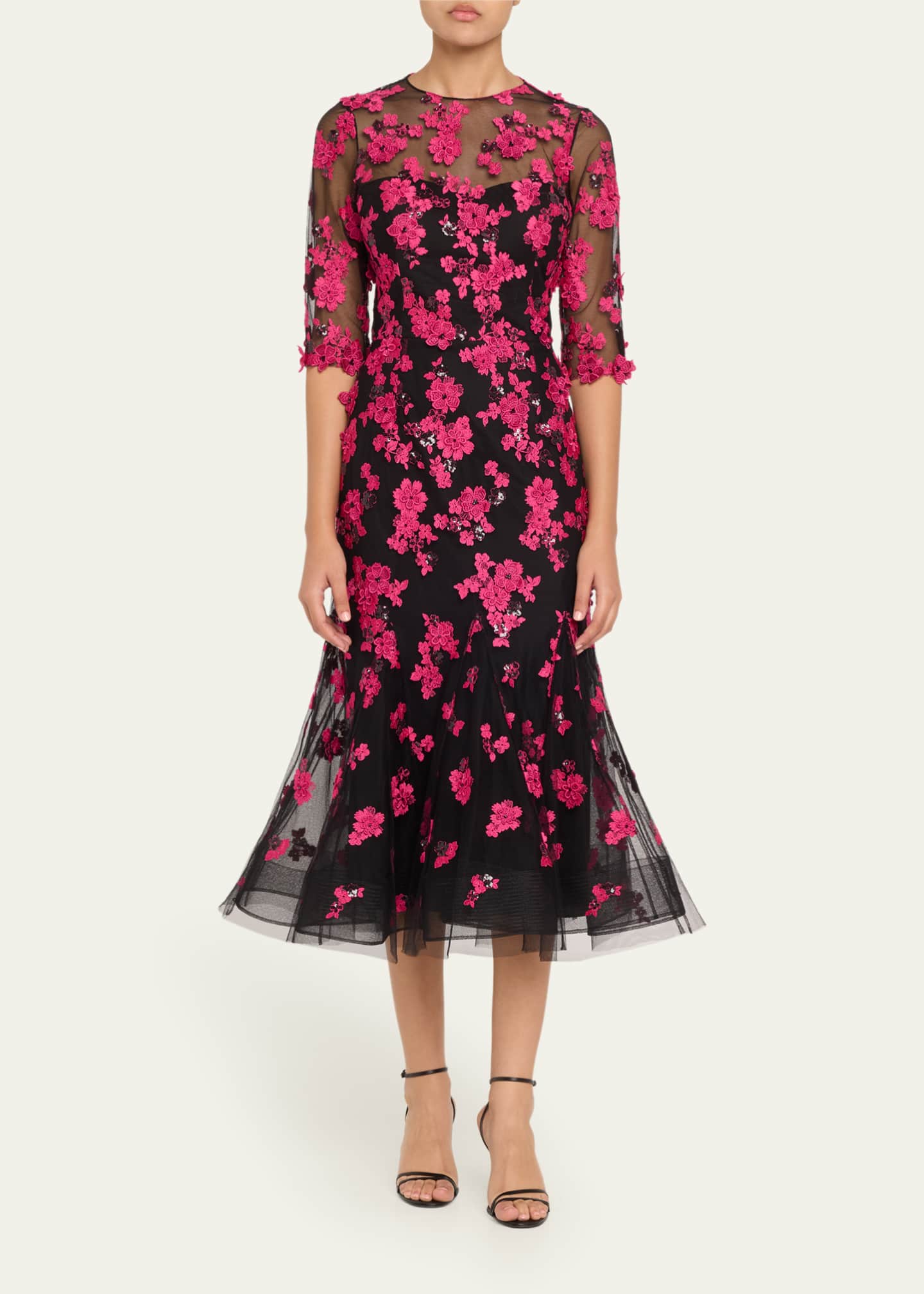 Rickie Freeman for Teri Jon Beaded Floral-Embroidered Trumpet Midi Dress Image 2 of 5