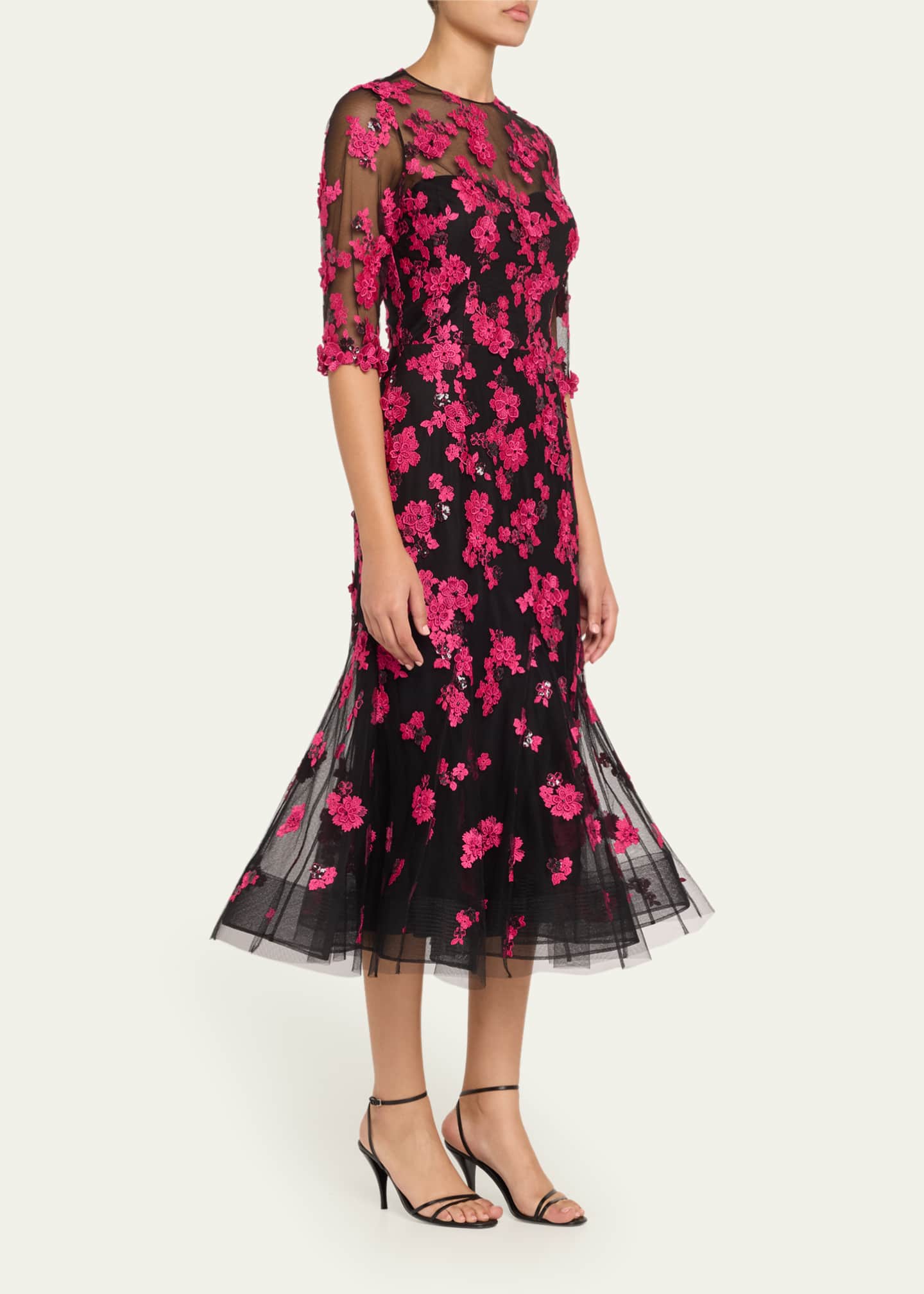 Rickie Freeman for Teri Jon Beaded Floral-Embroidered Trumpet Midi Dress Image 4 of 5