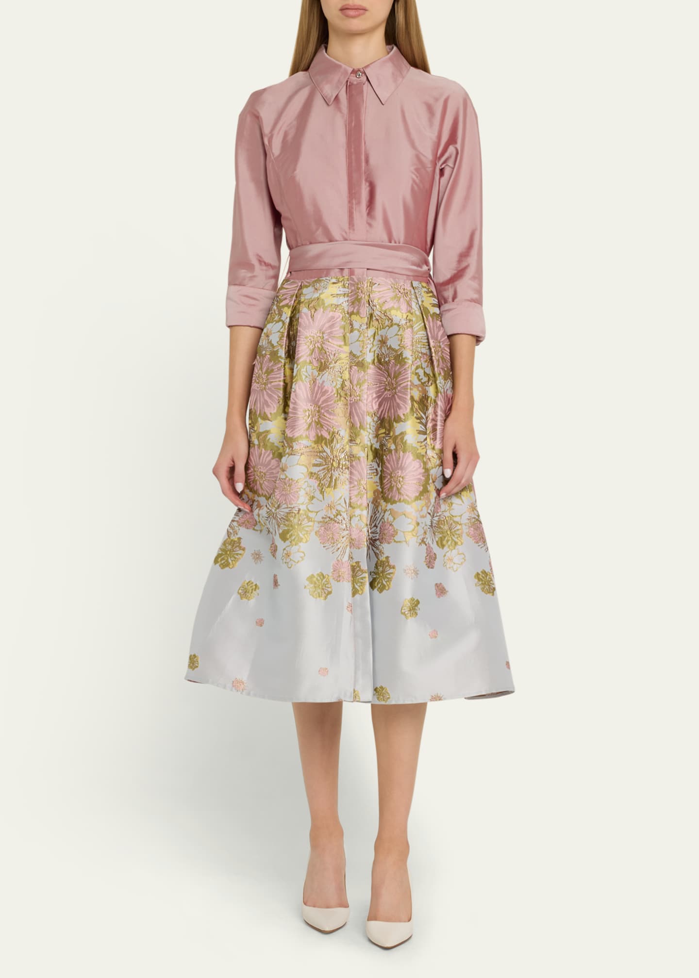 Rickie Freeman for Teri Jon Pleated Floral Jacquard Midi Shirtdress Image 2 of 5