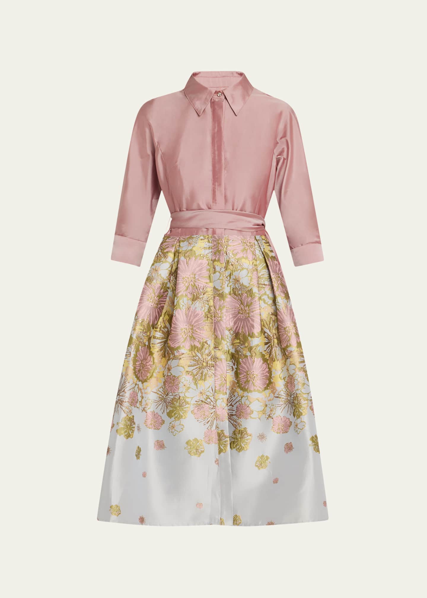 Rickie Freeman for Teri Jon Pleated Floral Jacquard Midi Shirtdress Image 1 of 5