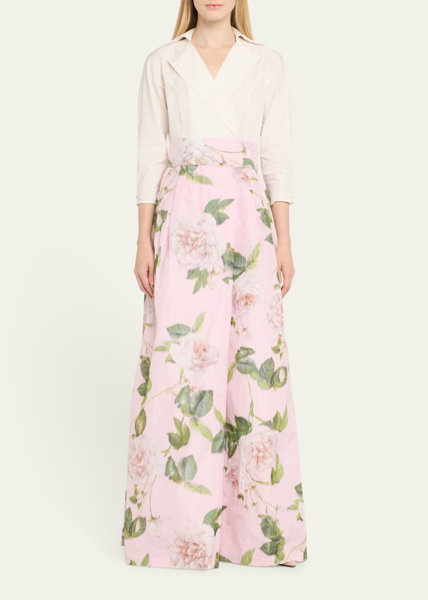 Rickie Freeman for Teri Jon Floral-Print Faille Taffeta Shirt Gown Image 2 of 4