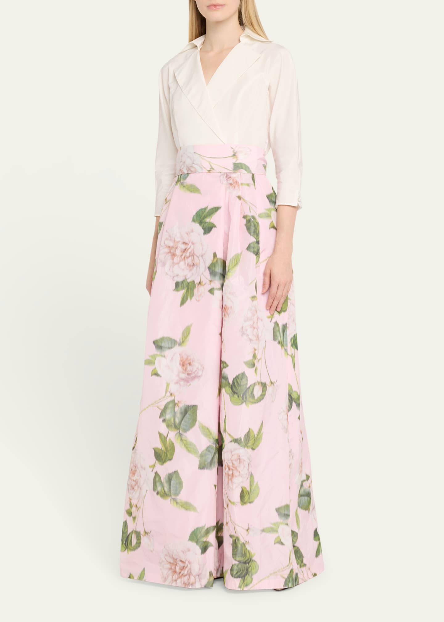 Rickie Freeman for Teri Jon Floral-Print Faille Taffeta Shirt Gown Image 4 of 4