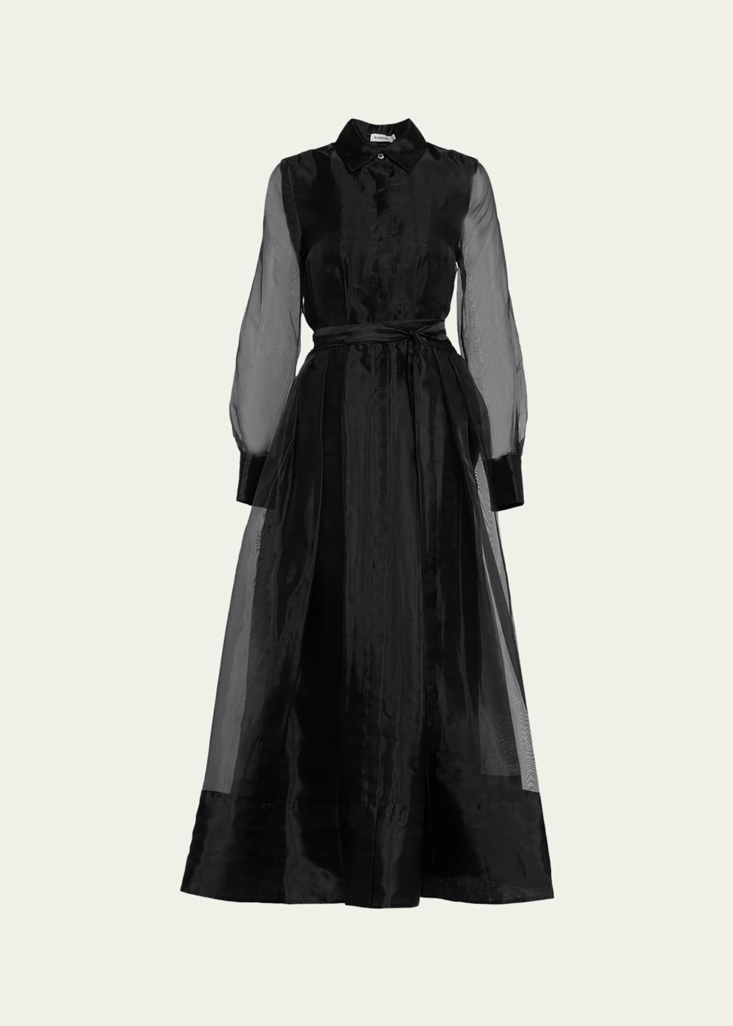 organza maxi shirt dress SIMKHAI Montgomery Pleated Organza Maxi Shirtdress, Black, Women's, 0, Casual & Work Dresses Shirtdresses Button-Down Shirt Dresses