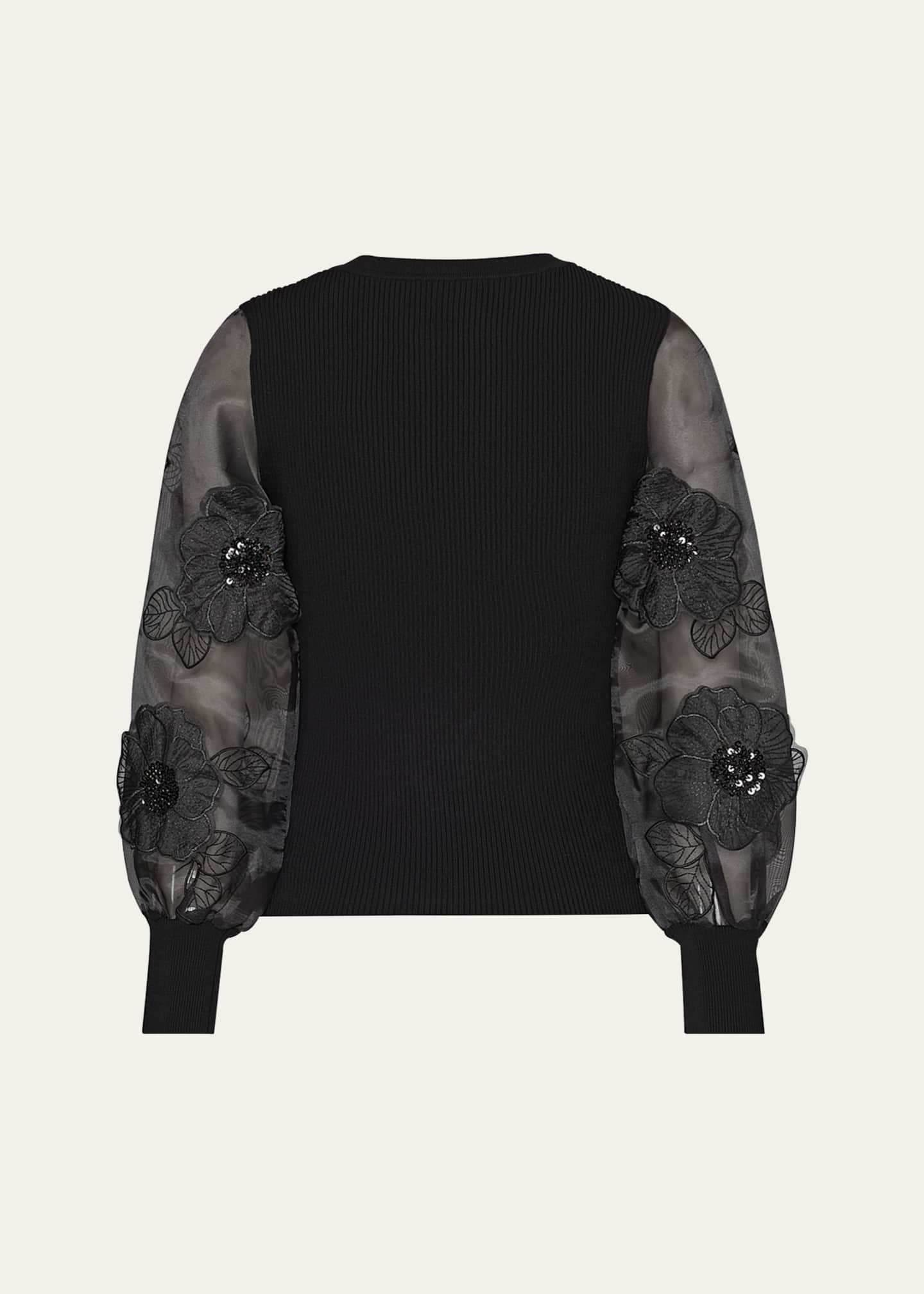 Milly Koda Embroidered Sheer-Sleeve Ribbed Pullover Image 2 of 3