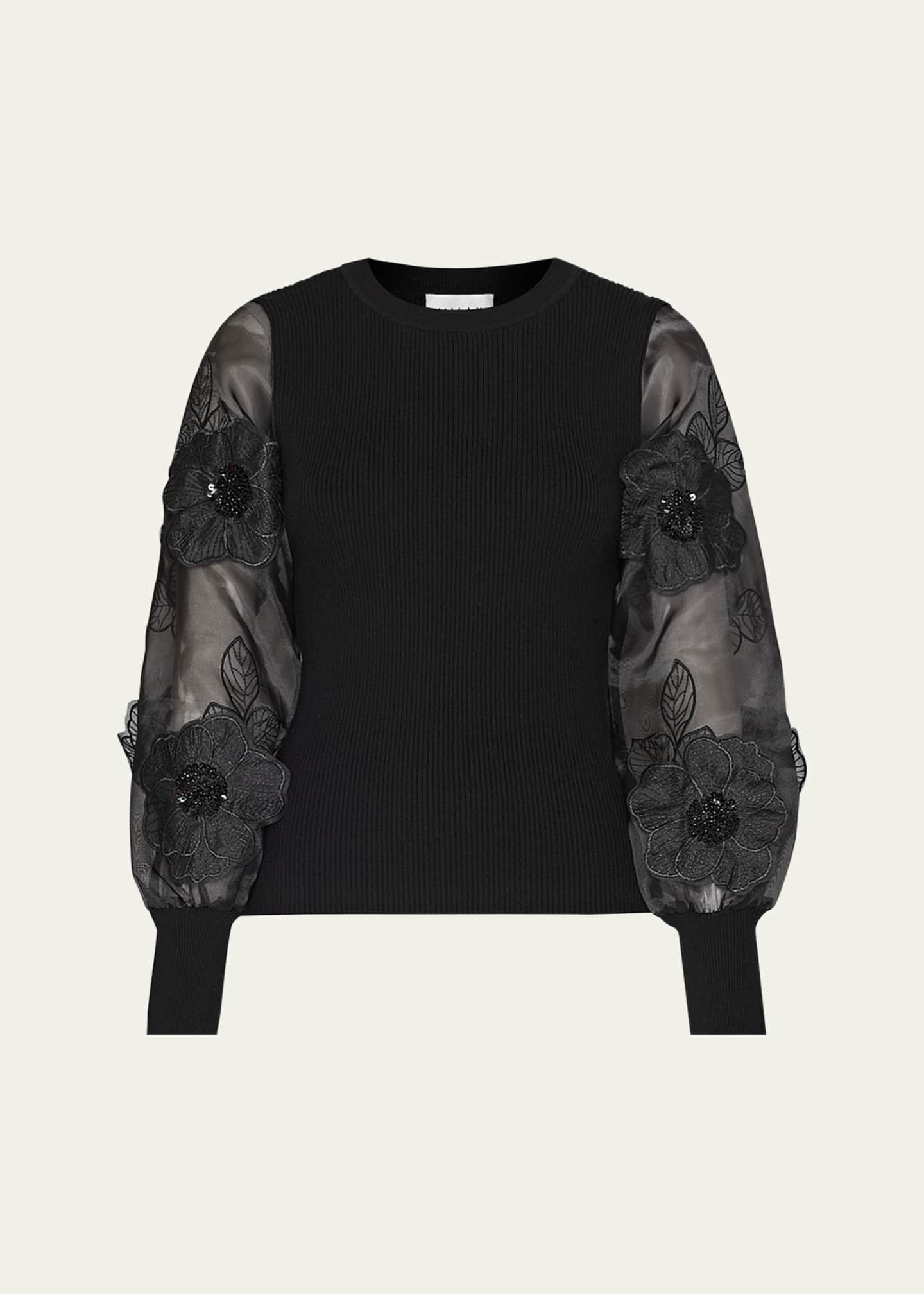 Milly Koda Embroidered Sheer-Sleeve Ribbed Pullover Image 1 of 3