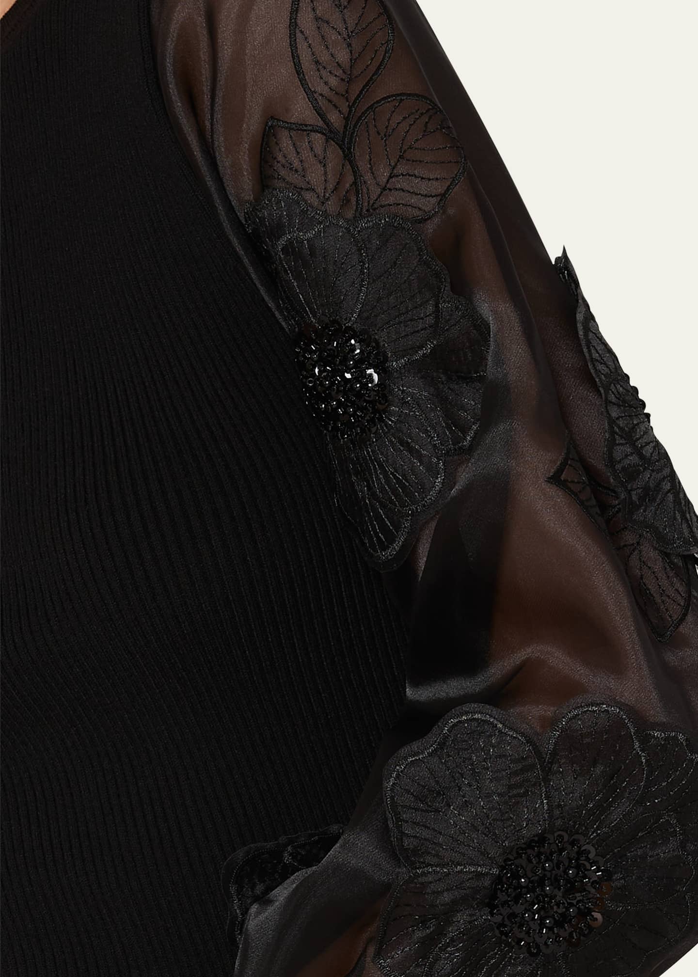 Milly Koda Embroidered Sheer-Sleeve Ribbed Pullover Image 3 of 3