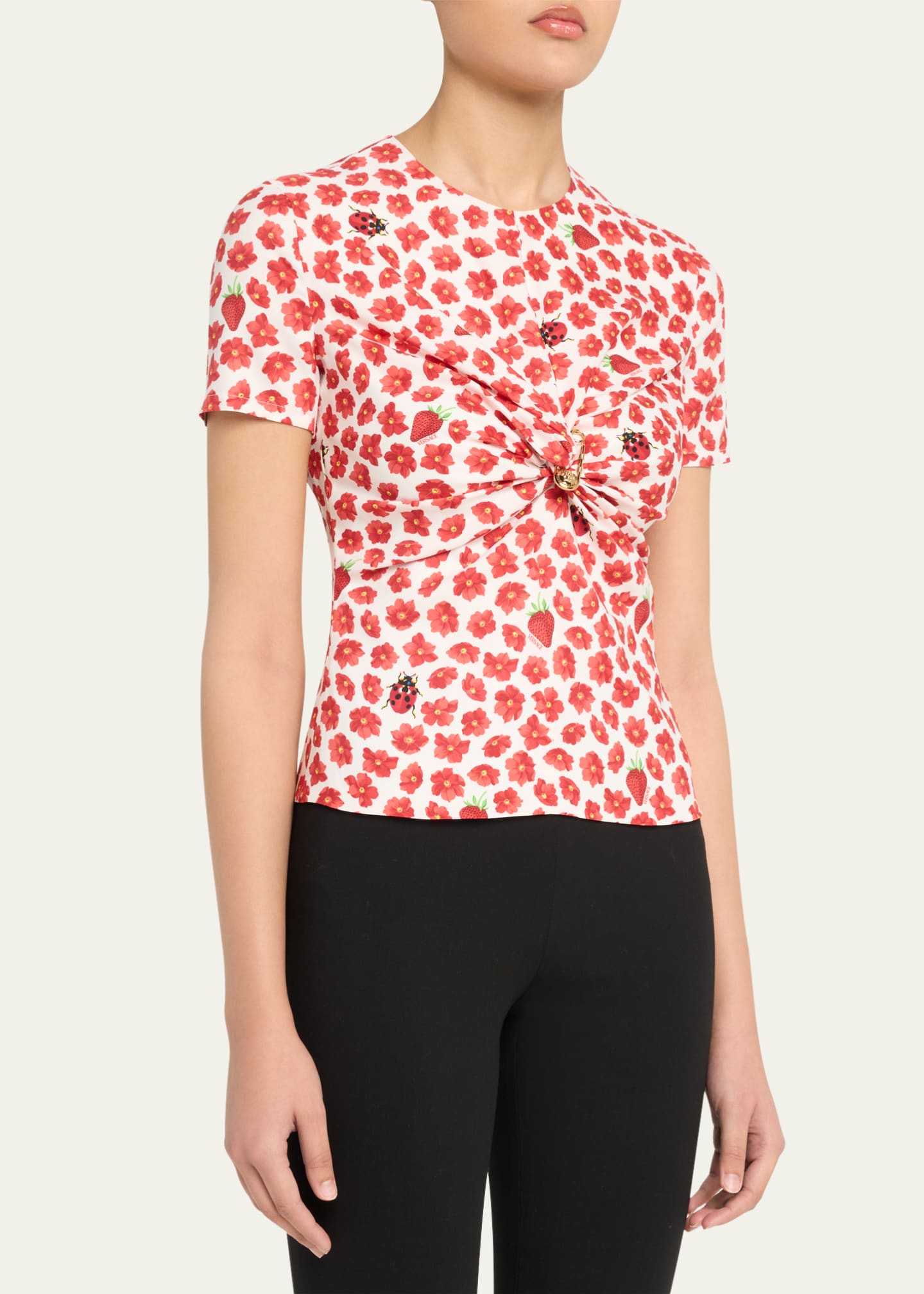 Versace Twisted Safety-Pin Strawberry Garden Silk Georgette Blouse Image 4 of 5