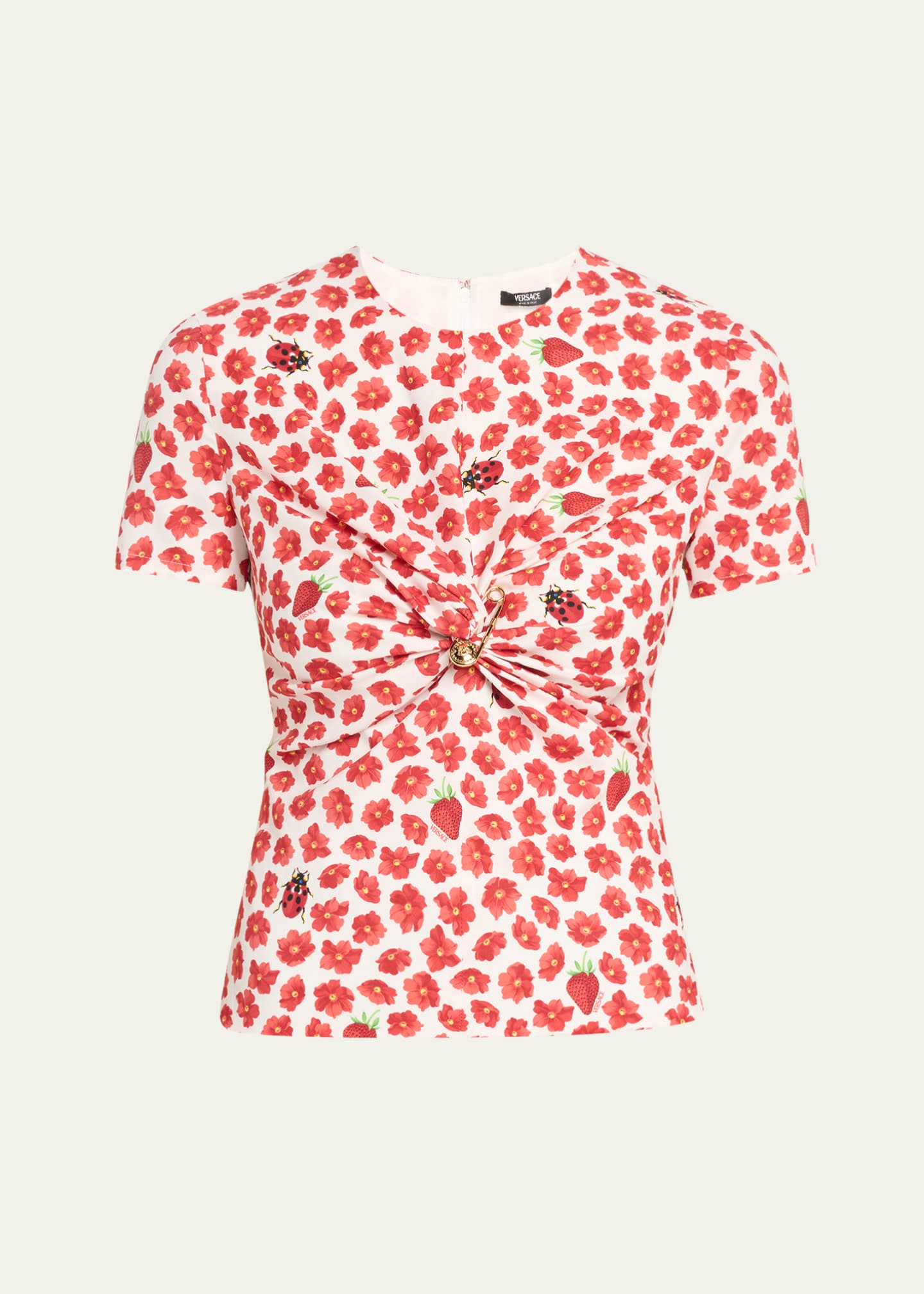 Versace Twisted Safety-Pin Strawberry Garden Silk Georgette Blouse Image 1 of 5