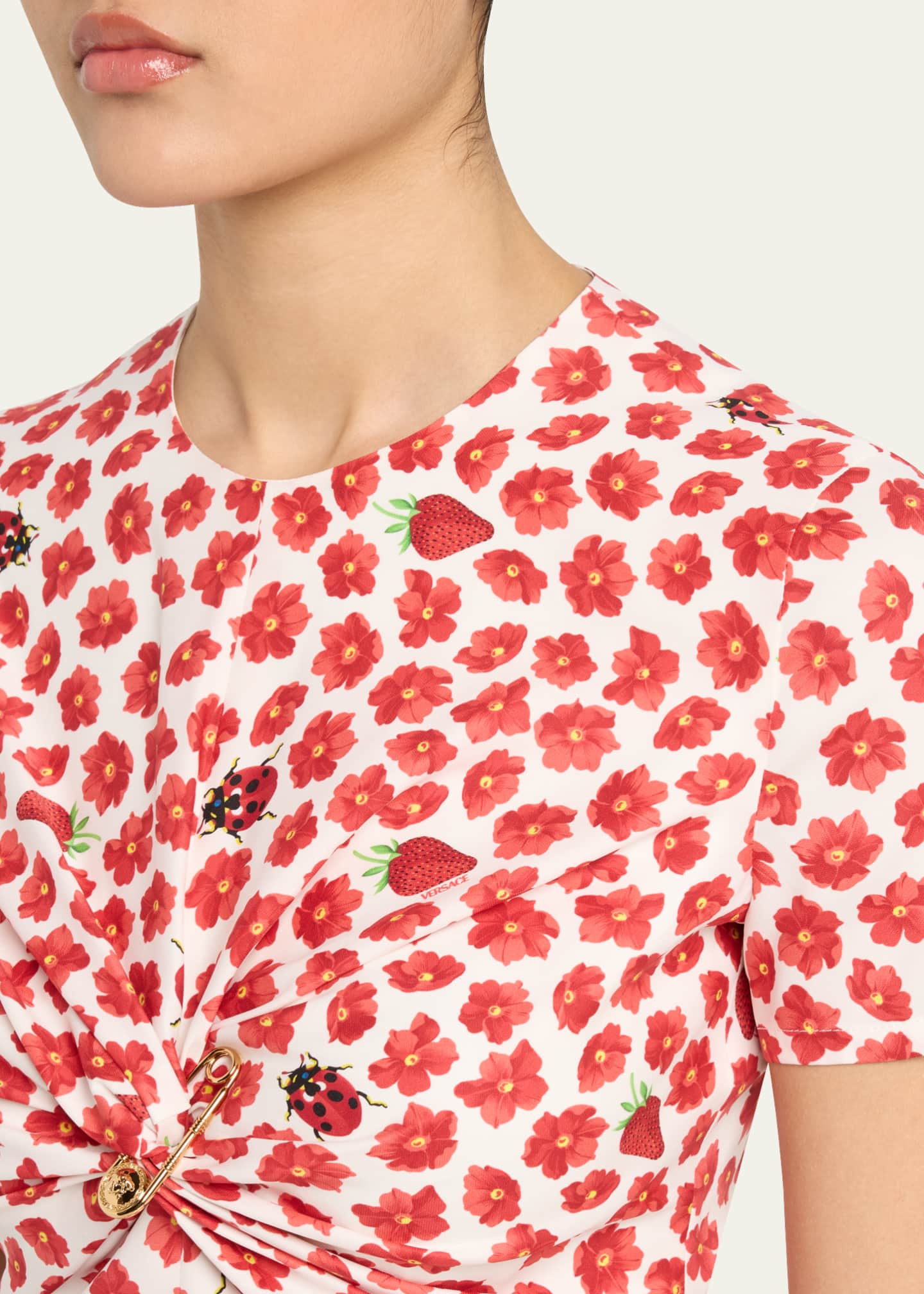 Versace Twisted Safety-Pin Strawberry Garden Silk Georgette Blouse Image 5 of 5