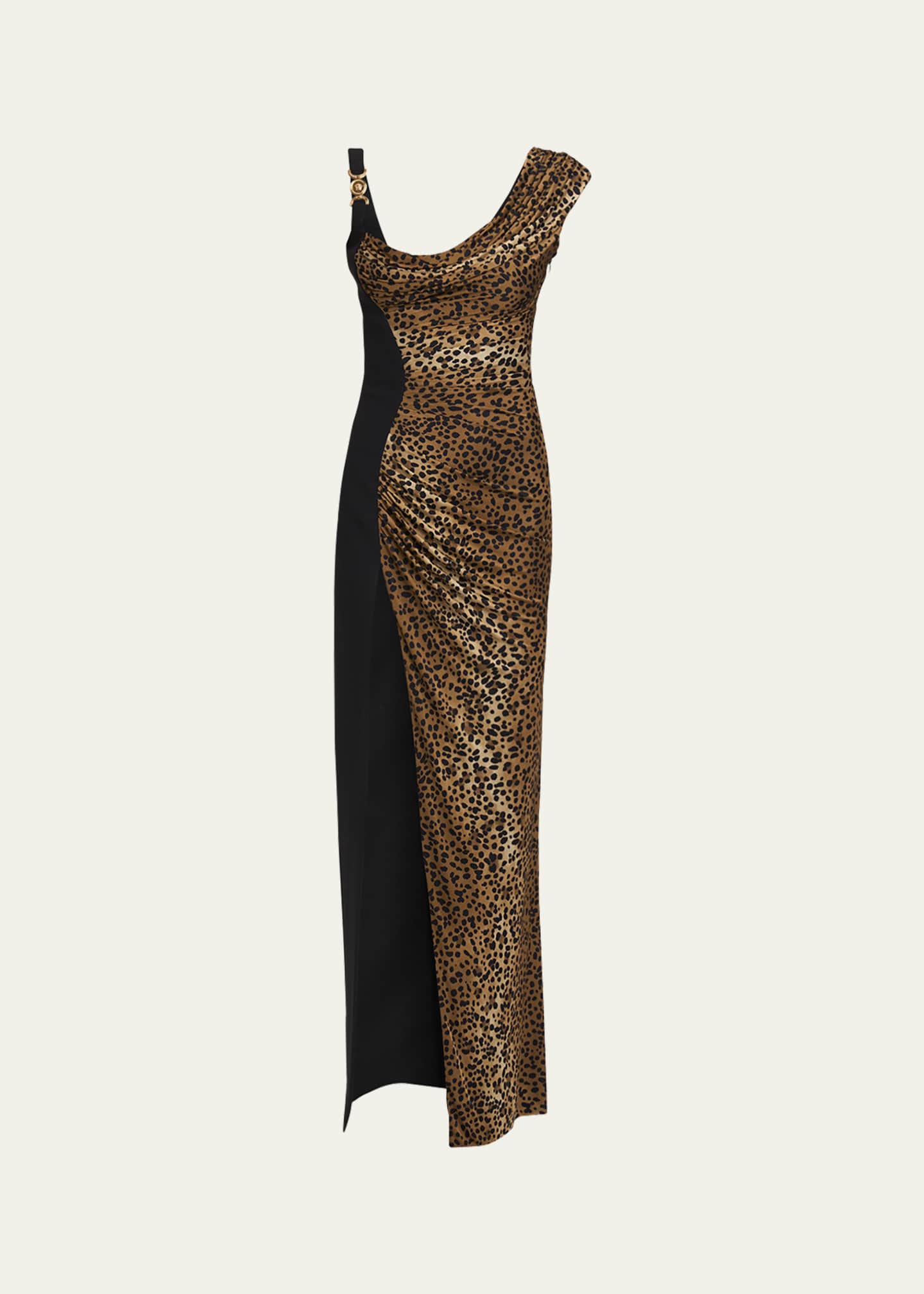 Versace Leopard-Print Draped Liquid Jersey Slit Gown Image 1 of 5