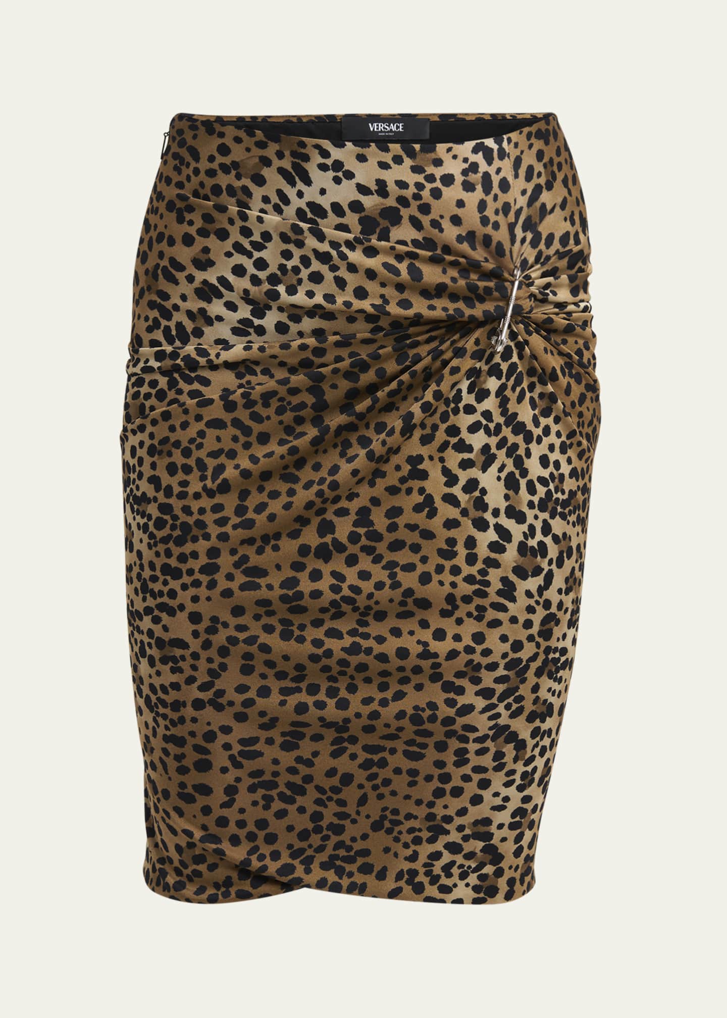Versace Leopard Pencil Skirt with Safety Pin Brooch NATURALBLACK
