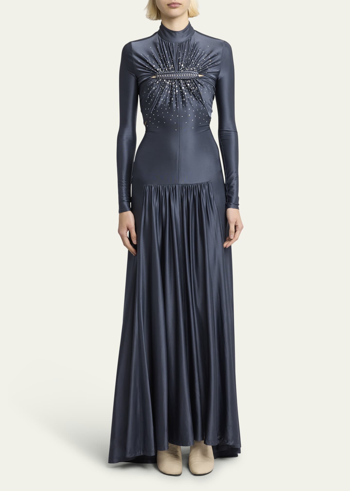 Rabanne High-Neck Crystal Ruched Cutout Jersey Gown Image 2 of 5