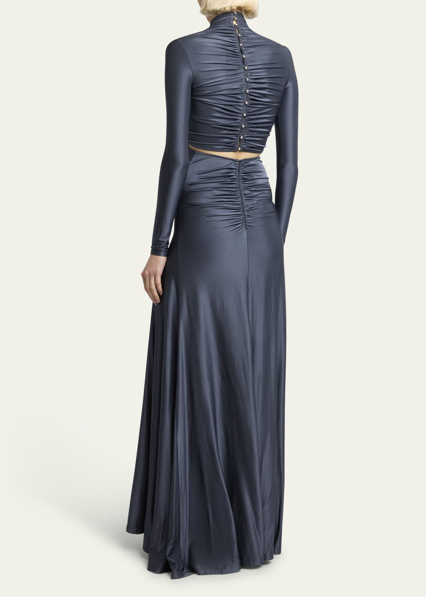 Rabanne High-Neck Crystal Ruched Cutout Jersey Gown Image 3 of 5
