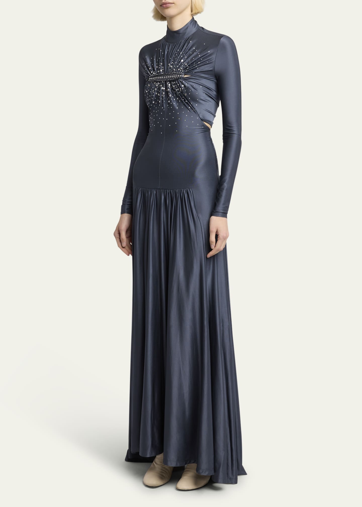 Rabanne High-Neck Crystal Ruched Cutout Jersey Gown Image 4 of 5