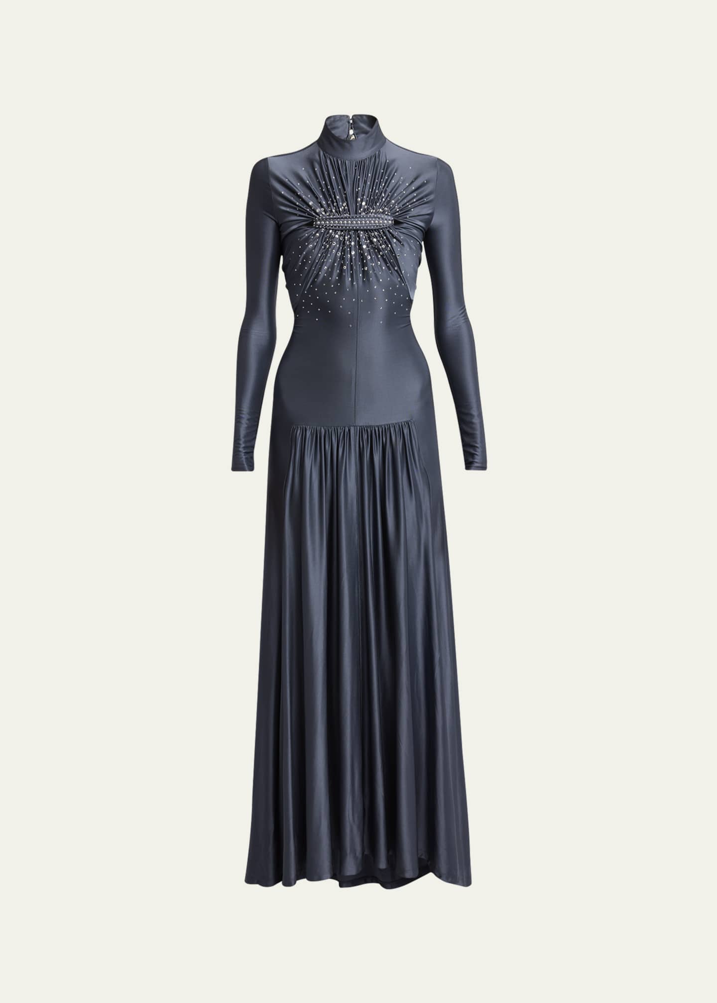 Rabanne High-Neck Crystal Ruched Cutout Jersey Gown Image 1 of 5