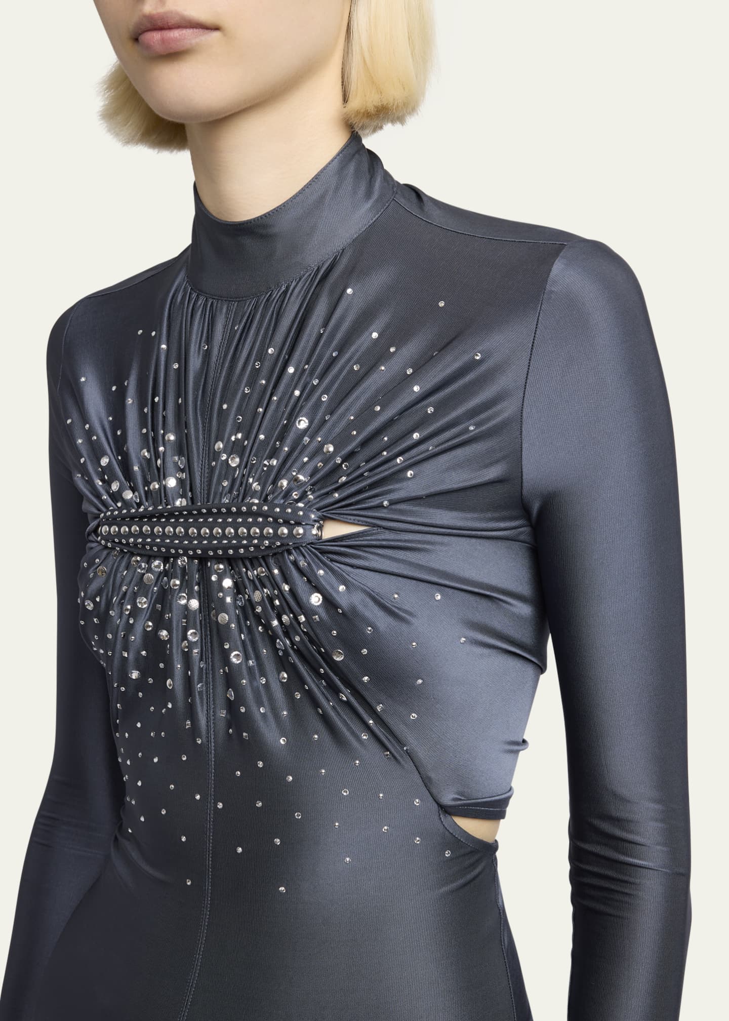 Rabanne High-Neck Crystal Ruched Cutout Jersey Gown Image 5 of 5