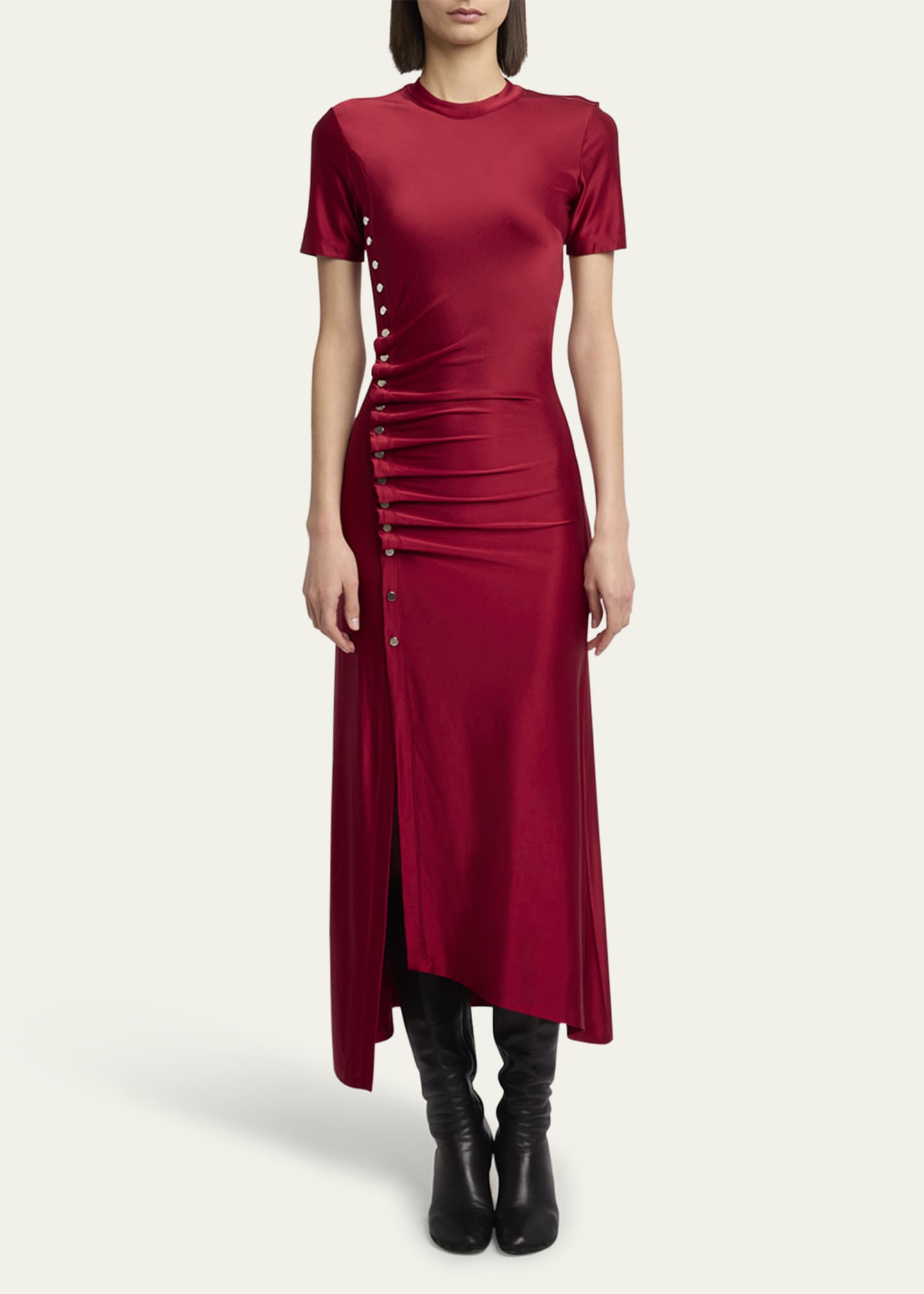 Rabanne Side Button Ruched Midi Dress Image 2 of 5