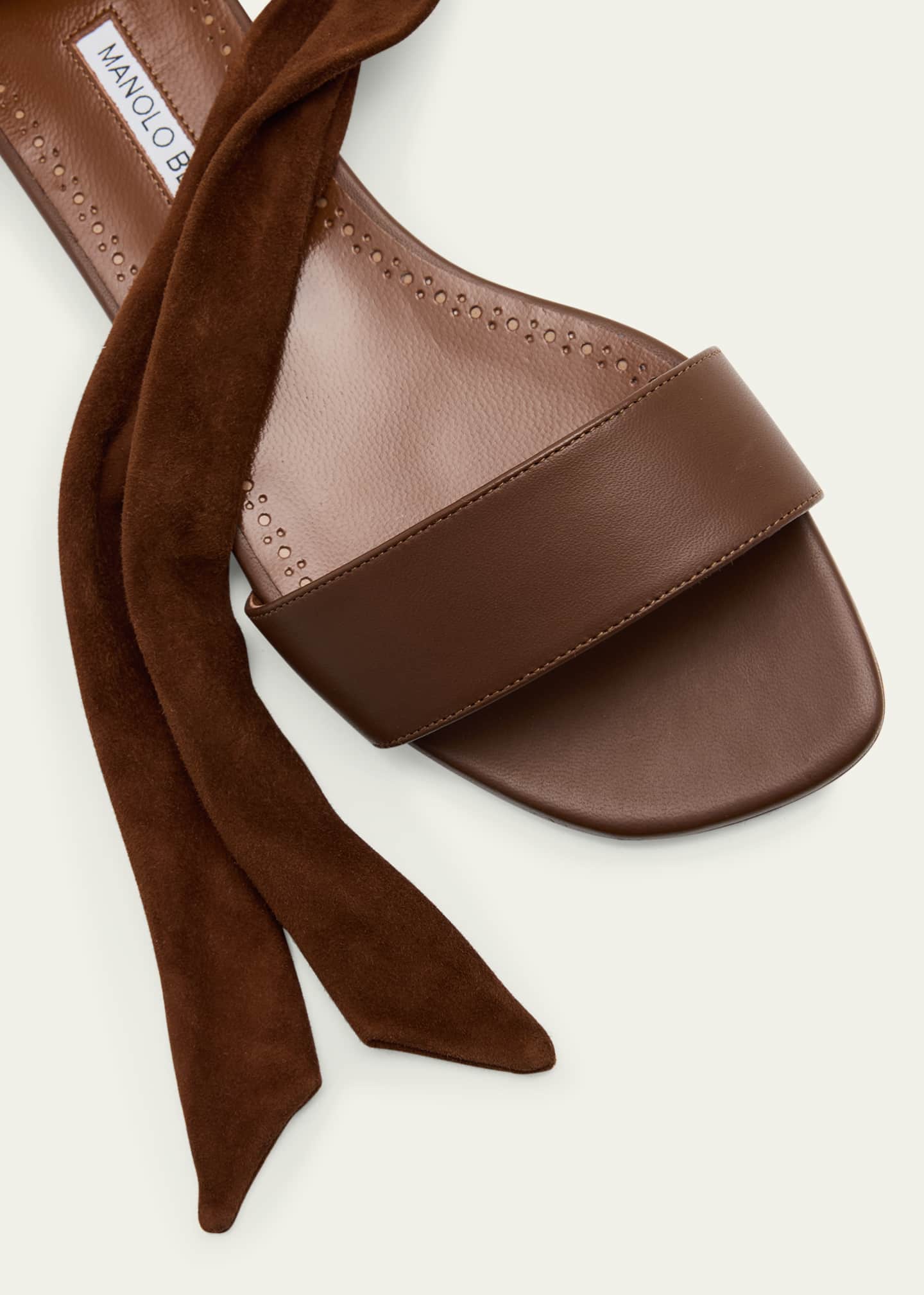 Manolo Blahnik Chastana Leather Ankle-Tie Flat Sandals Image 3 of 4
