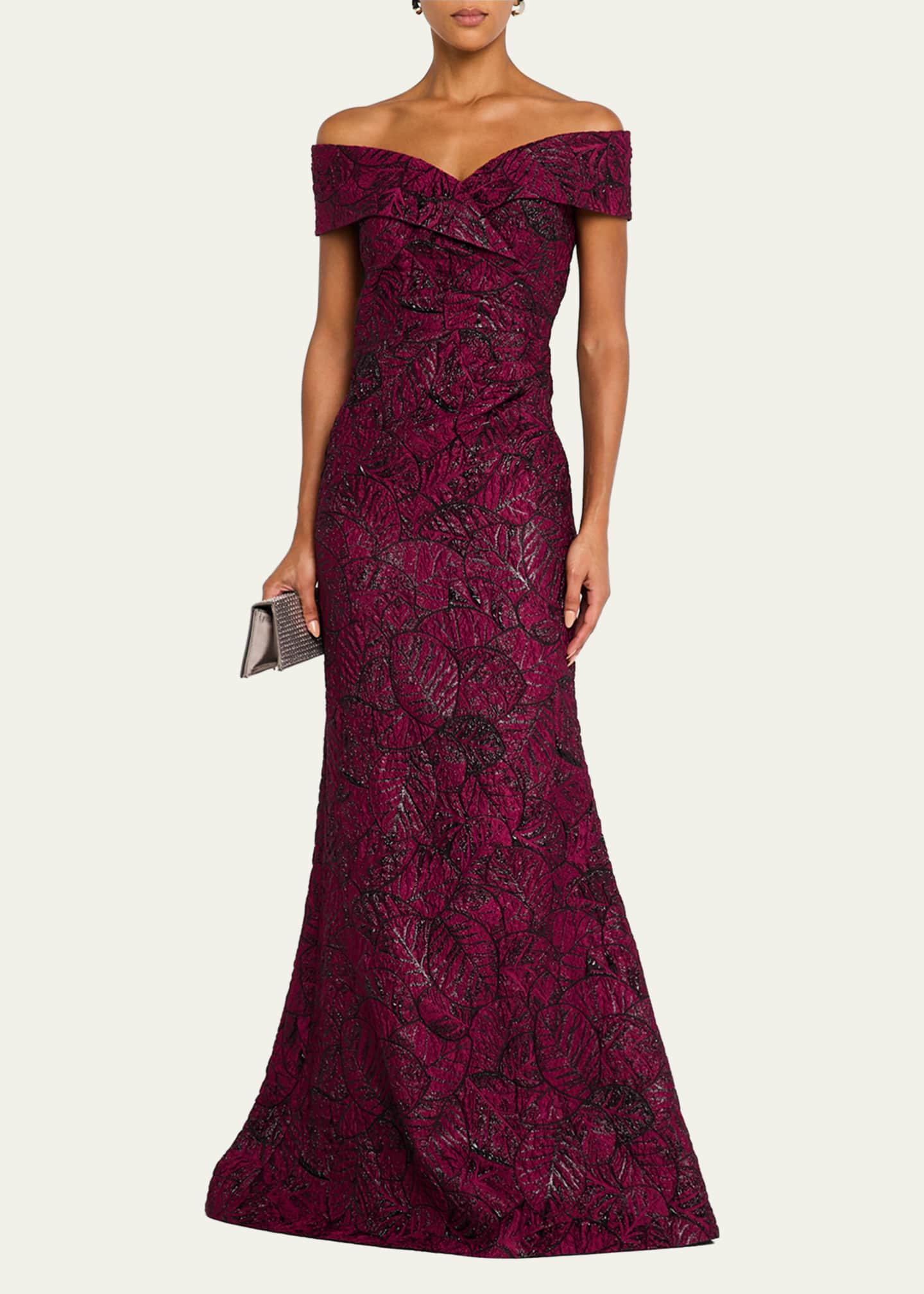 Rickie Freeman for Teri Jon Off-Shoulder Metallic Leaf Jacquard Gown Image 2 of 5