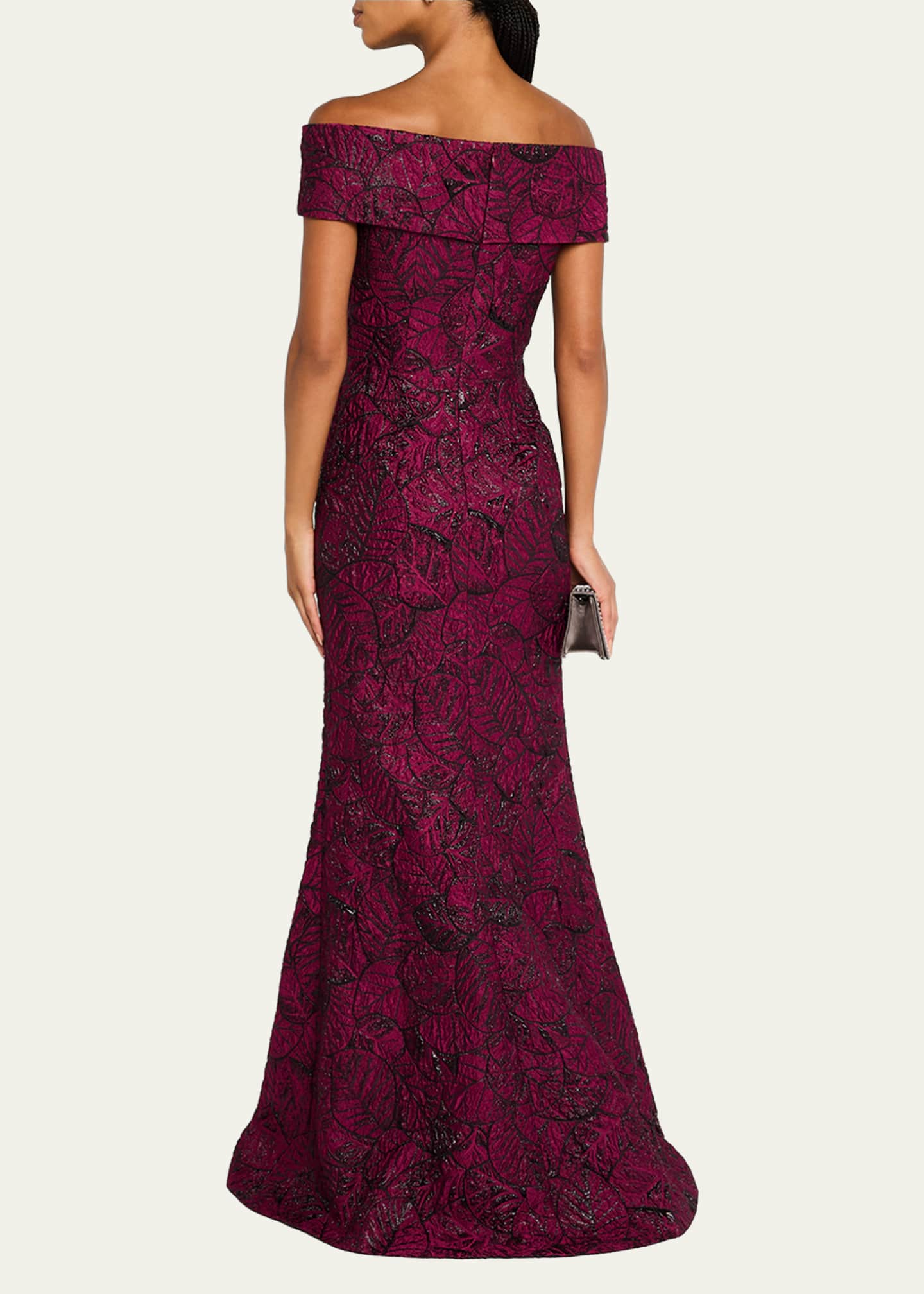 Rickie Freeman for Teri Jon Off-Shoulder Metallic Leaf Jacquard Gown Image 3 of 5
