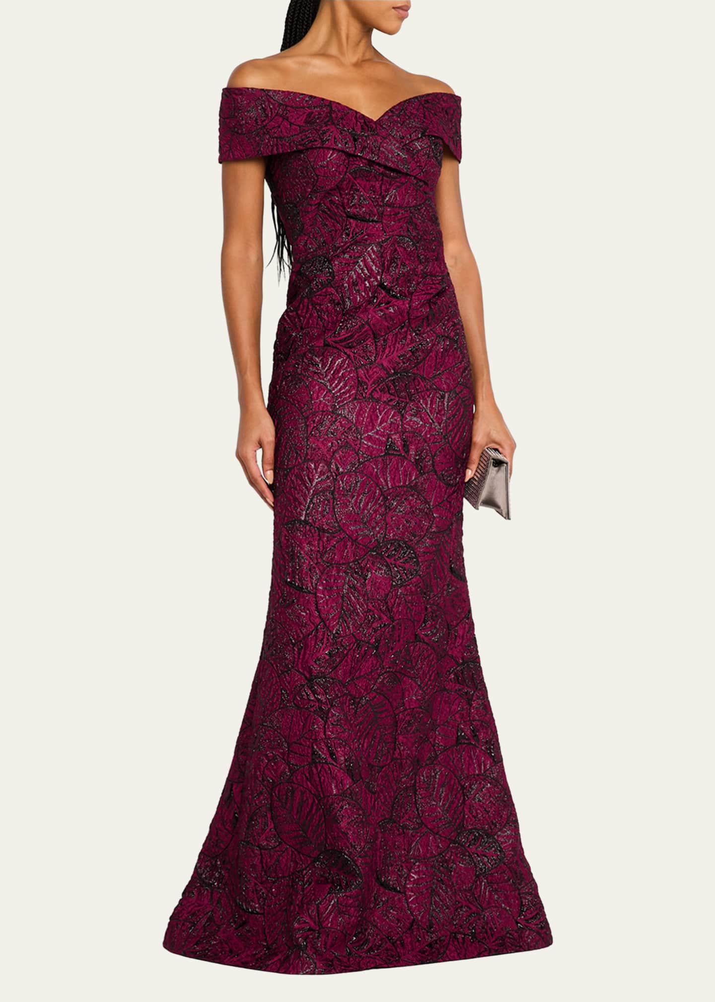 Rickie Freeman for Teri Jon Off-Shoulder Metallic Leaf Jacquard Gown Image 4 of 5