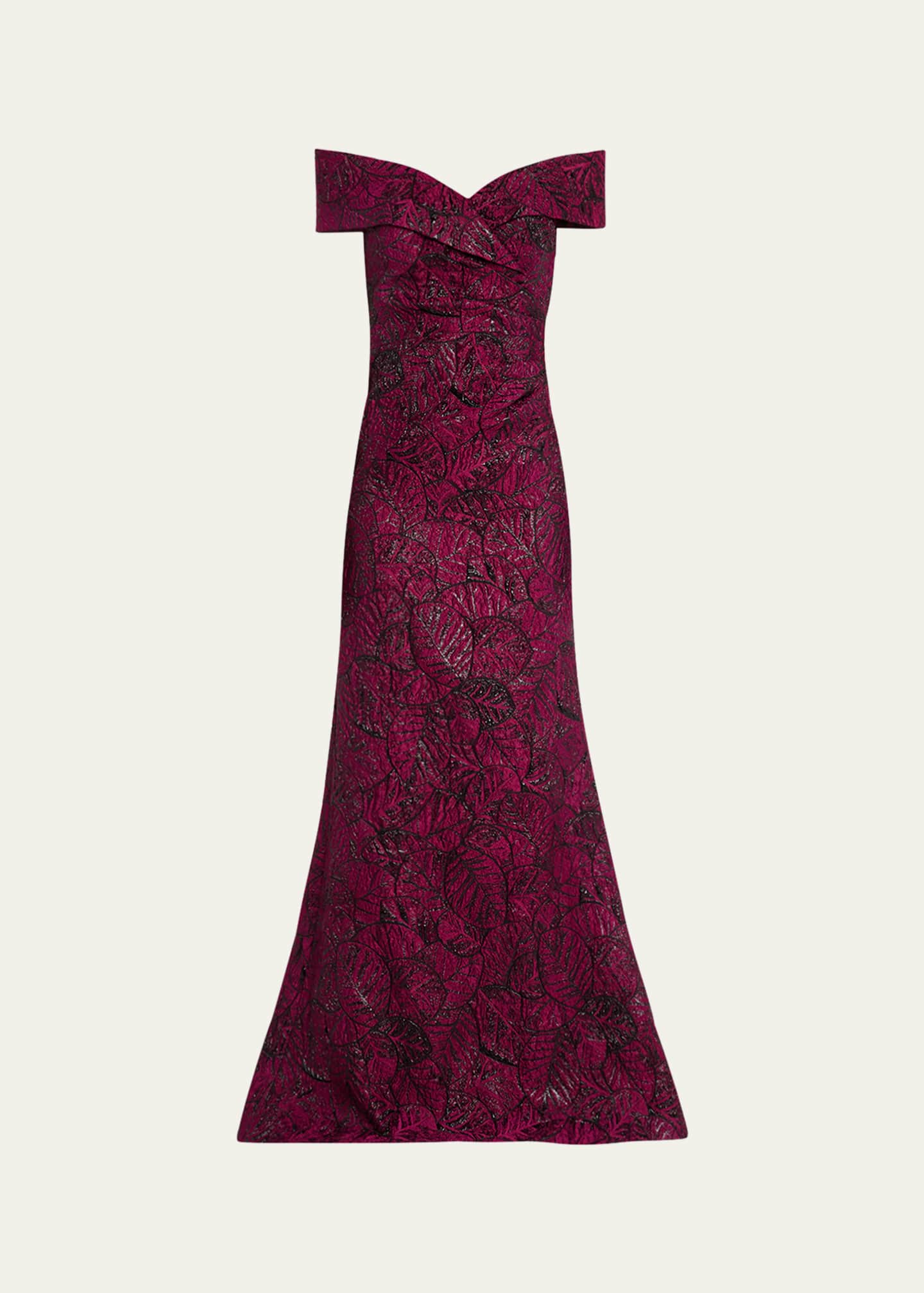Rickie Freeman for Teri Jon Off-Shoulder Metallic Leaf Jacquard Gown Image 1 of 5