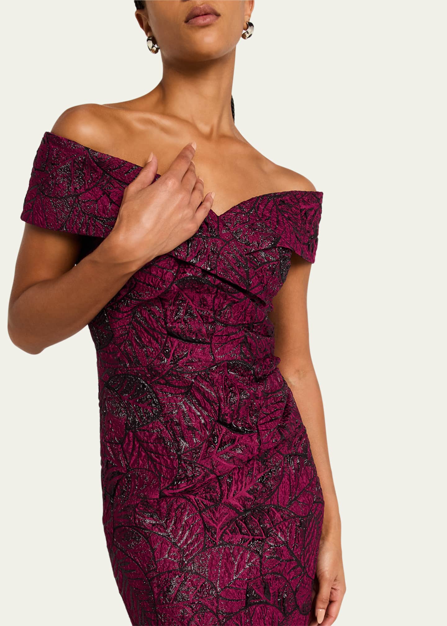Rickie Freeman for Teri Jon Off-Shoulder Metallic Leaf Jacquard Gown Image 5 of 5