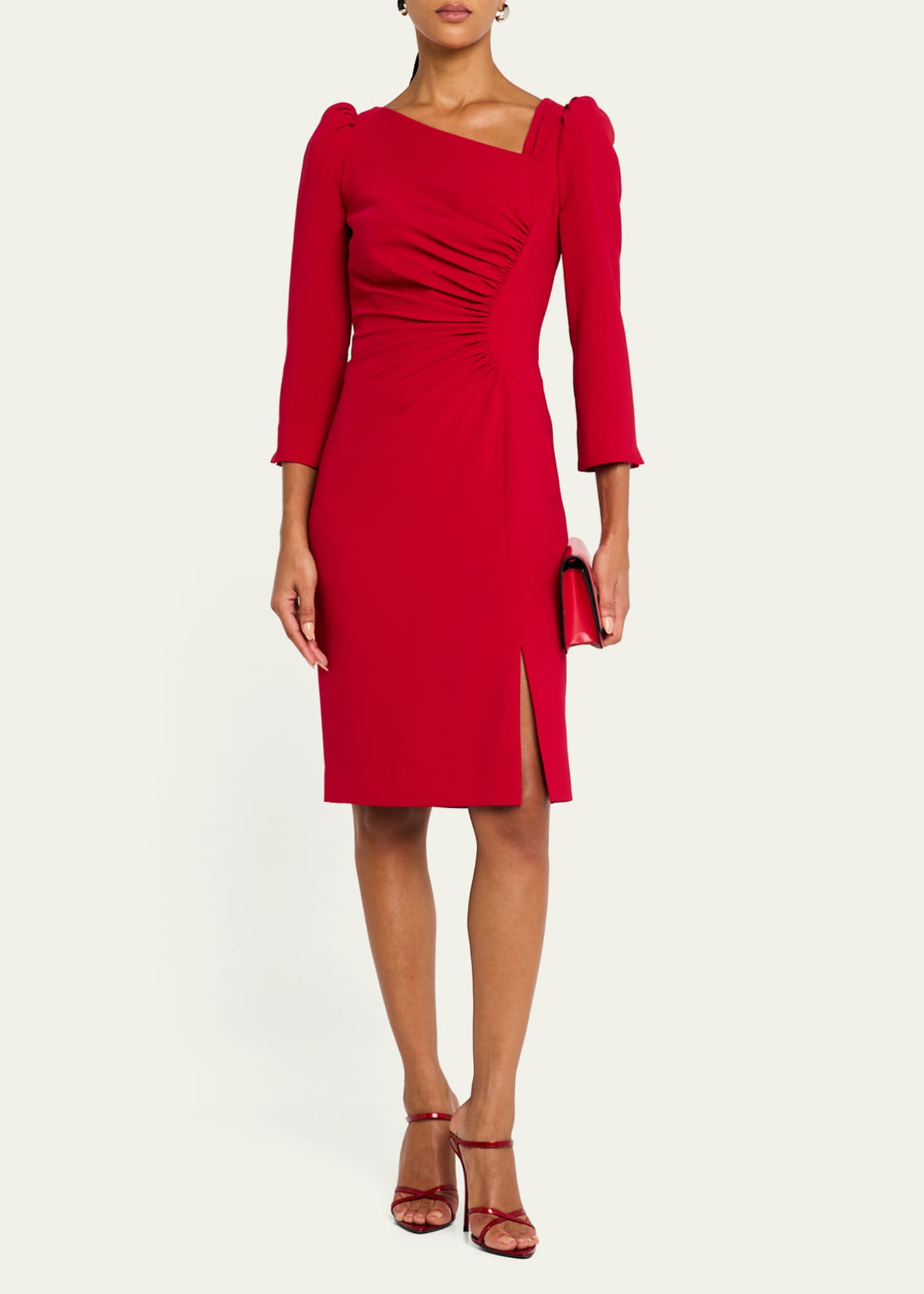 Ruched Puff-Shoulder Asymmetric Dress