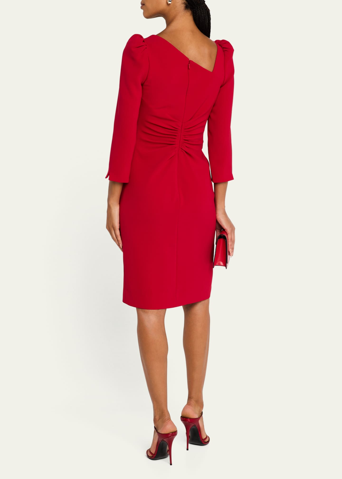 Ruched Puff-Shoulder Asymmetric Dress