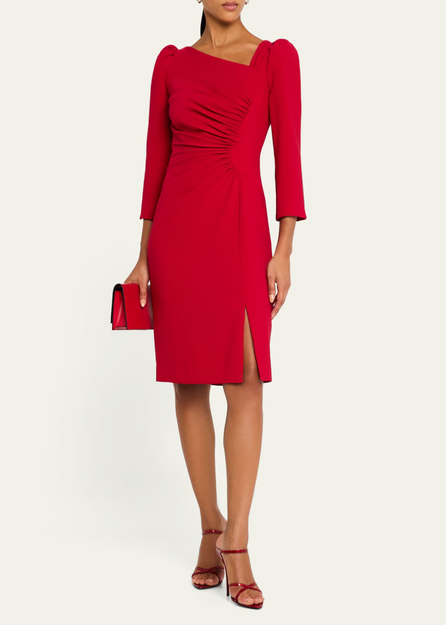 Ruched Puff-Shoulder Asymmetric Dress