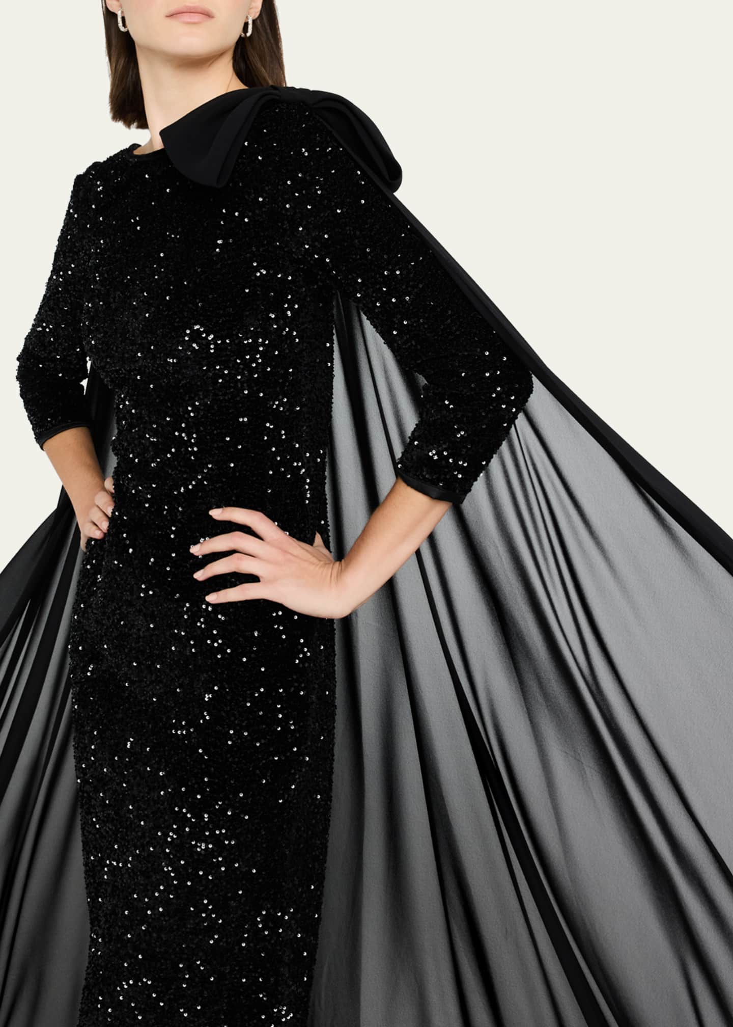 Rickie Freeman for Teri Jon Sequin Velvet Column Cape Gown