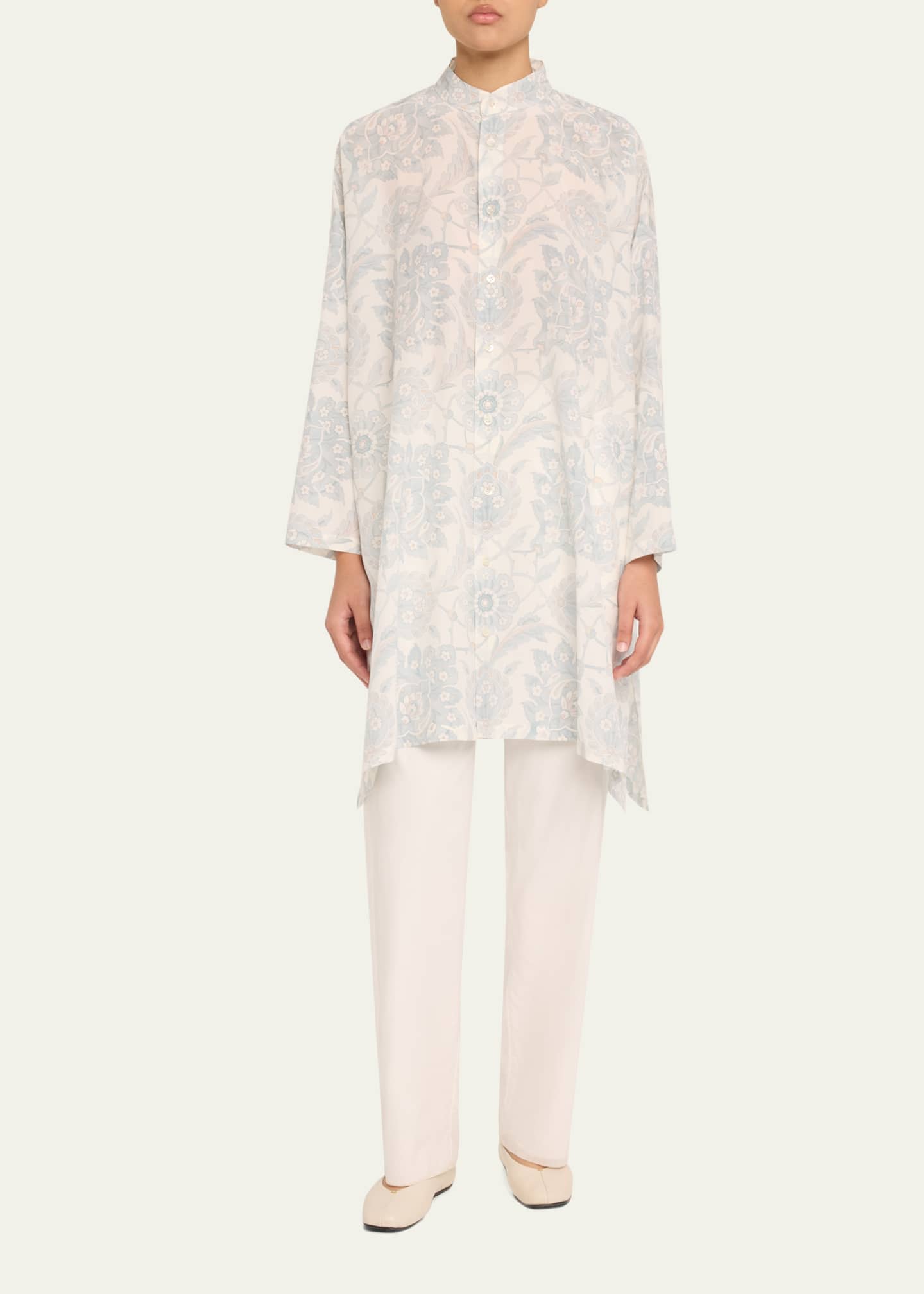 Eskandar Wide A-Line Collarless Shirt with Slits (Very Long) Image 2 of 5