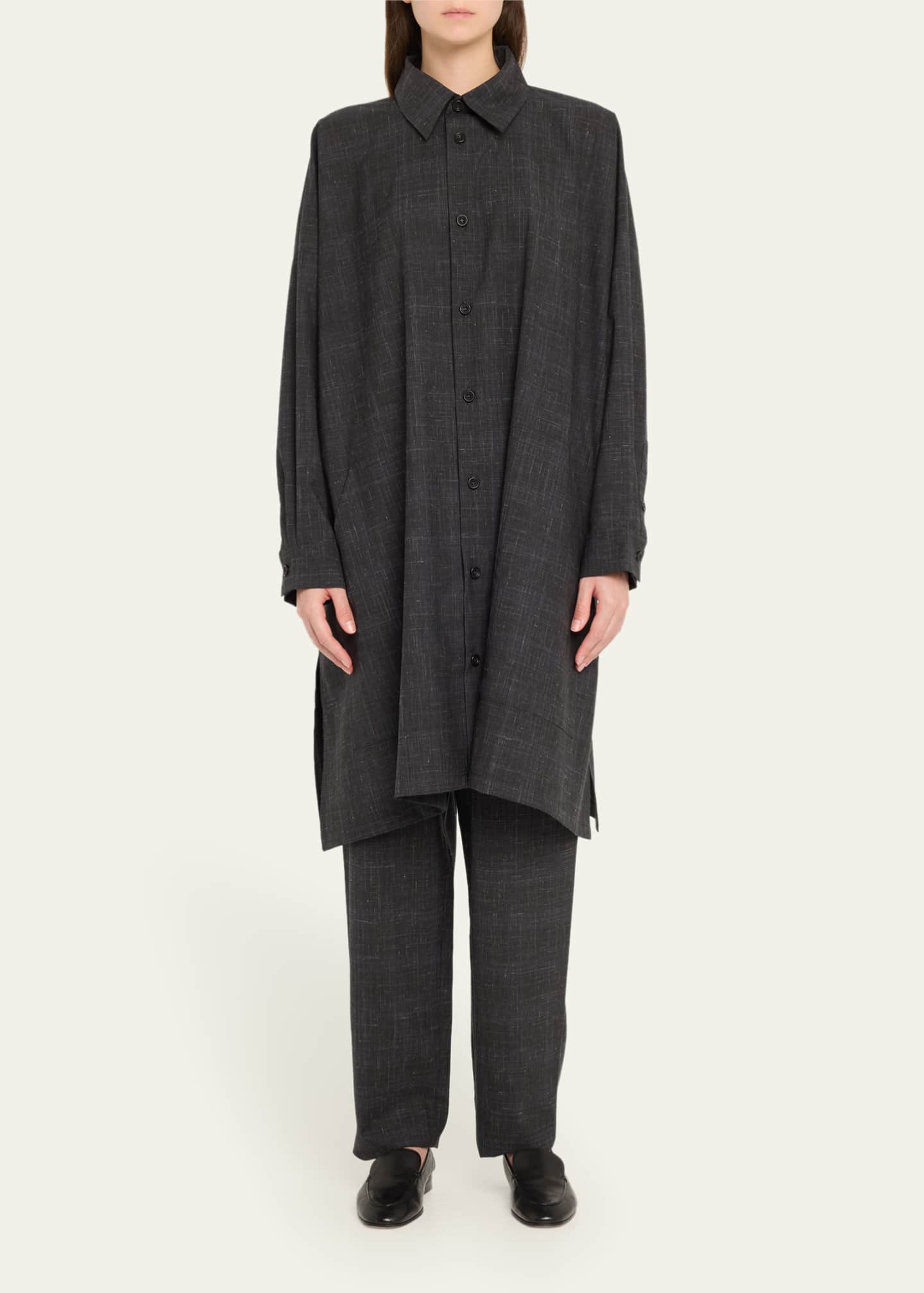 Eskandar Wide A-Line Shirt Jacket With Collar (Very Long Length) With Slits Image 2 of 5