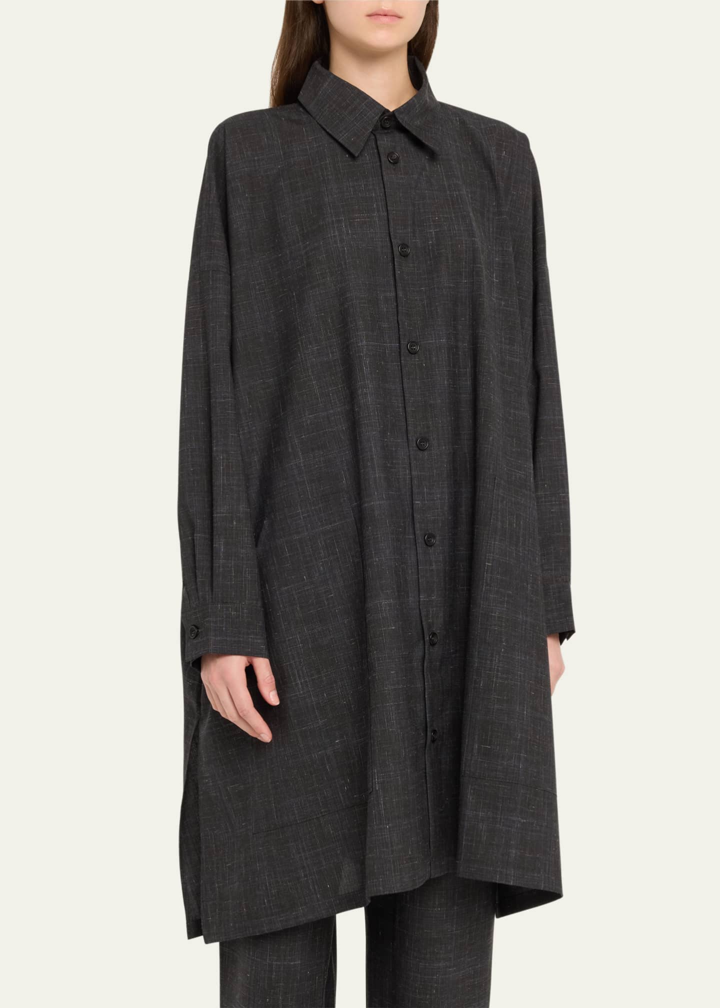 Eskandar Wide A-Line Shirt Jacket With Collar (Very Long Length) With Slits Image 4 of 5